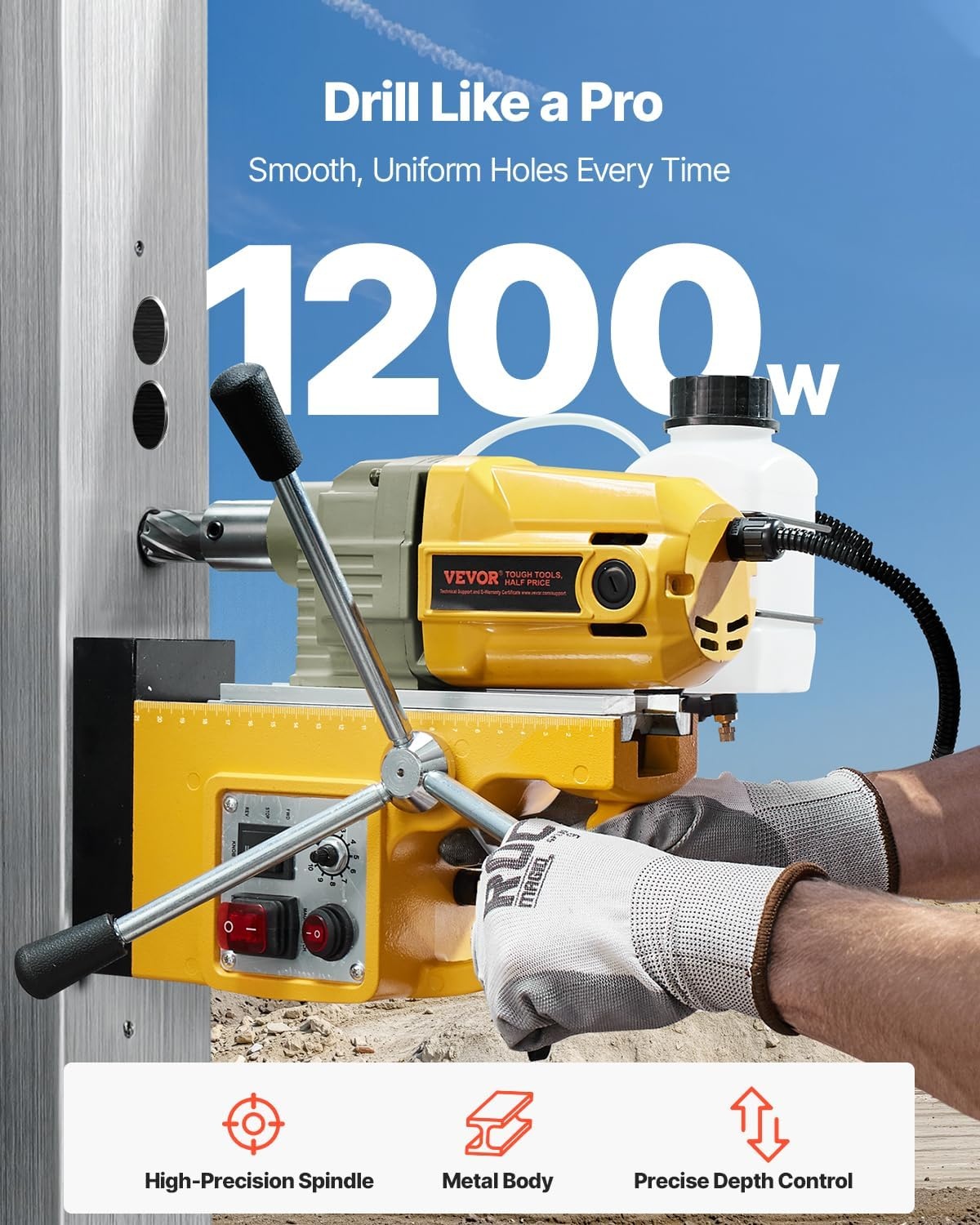 image:imageVEVOR Magnetic Drill 1100W 157 Boring Diameter 2697lbf12000N Portable Electric Mag Drill Press with 7 Bits 580 RPM Max Speed Drilling Machine for any Surface and Home ImprovementW 16 2pcs Yellow