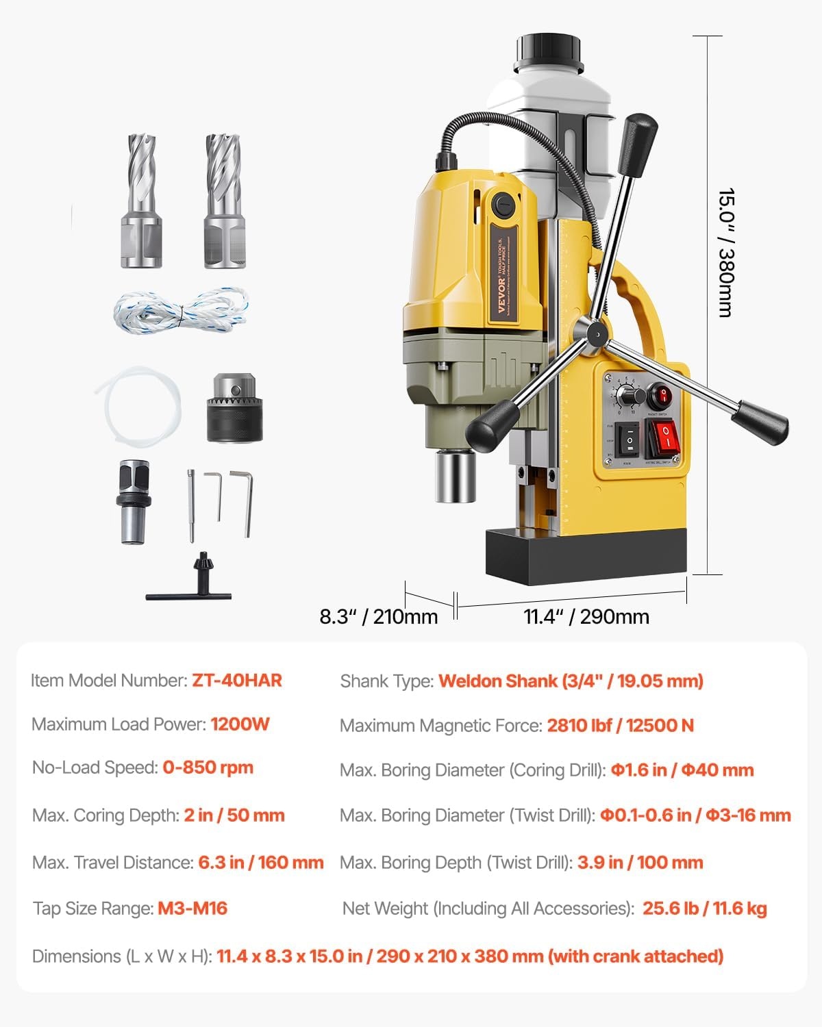 image:imageVEVOR Magnetic Drill 1100W 157 Boring Diameter 2697lbf12000N Portable Electric Mag Drill Press with 7 Bits 580 RPM Max Speed Drilling Machine for any Surface and Home ImprovementW 16 2pcs Yellow