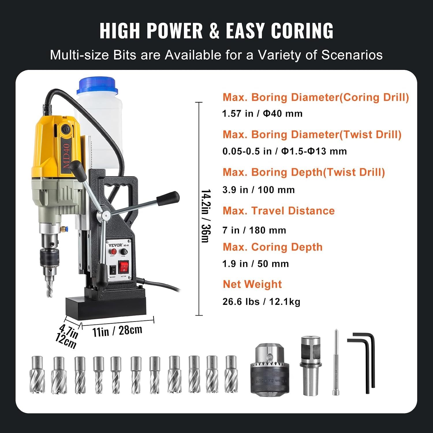 image:imageVEVOR Magnetic Drill 1100W 157 Boring Diameter 2697lbf12000N Portable Electric Mag Drill Press with 7 Bits 580 RPM Max Speed Drilling Machine for any Surface and Home Improvement12pcs