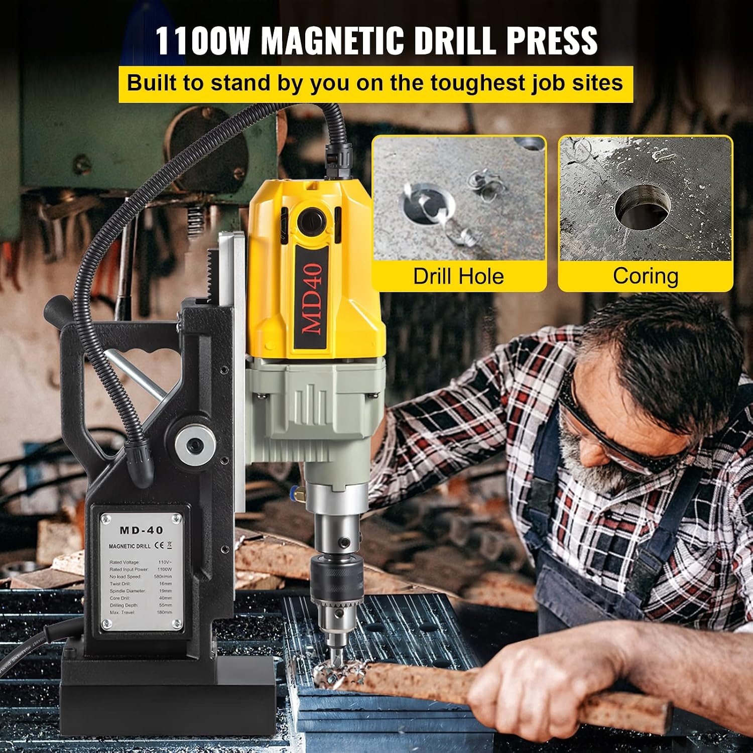 image:imageVEVOR Magnetic Drill 1100W 157 Boring Diameter 2697lbf12000N Portable Electric Mag Drill Press with 7 Bits 580 RPM Max Speed Drilling Machine for any Surface and Home Improvement7 pcs