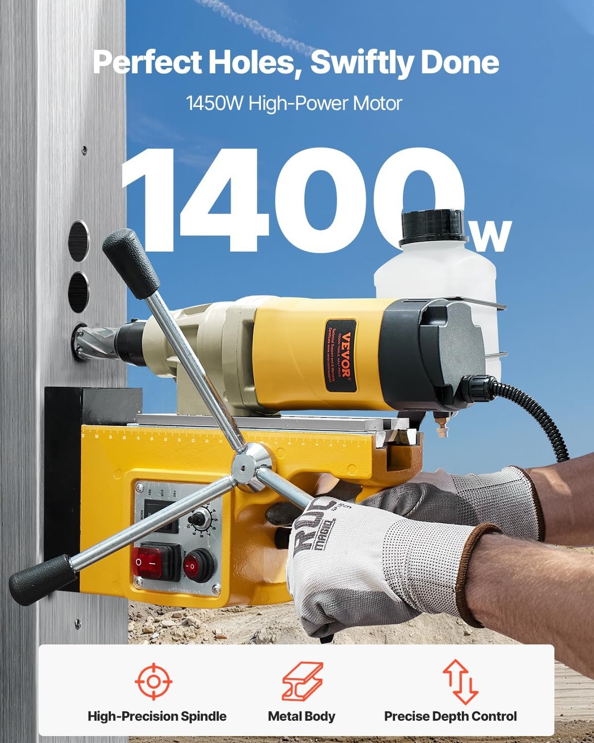image:imageVEVOR Magnetic Drill 1100W 157 Boring Diameter 2697lbf12000N Portable Electric Mag Drill Press with 7 Bits 580 RPM Max Speed Drilling Machine for any Surface and Home ImprovementW 2 6pcs Yellow