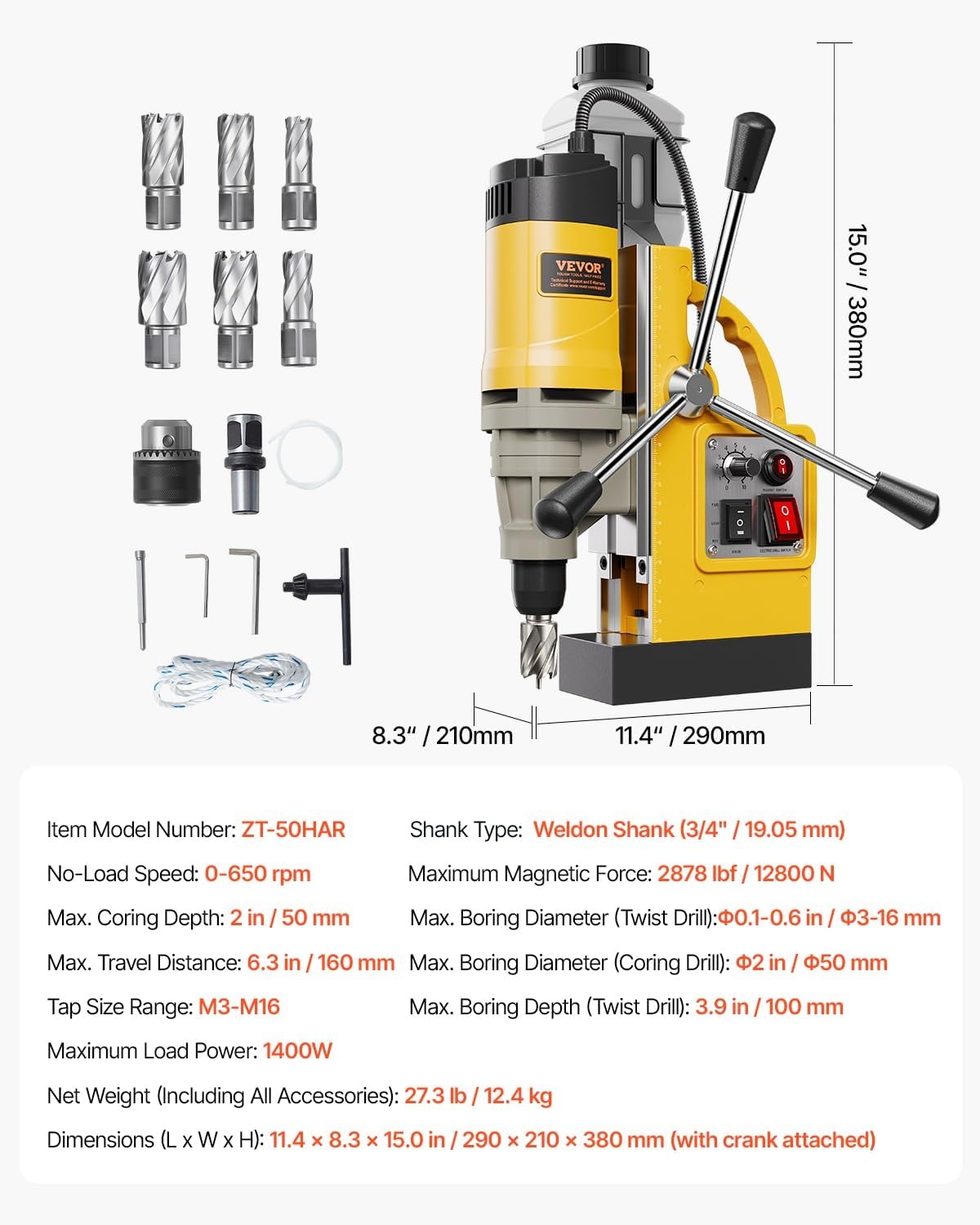 image:imageVEVOR Magnetic Drill 1100W 157 Boring Diameter 2697lbf12000N Portable Electric Mag Drill Press with 7 Bits 580 RPM Max Speed Drilling Machine for any Surface and Home ImprovementW 2 6pcs Yellow
