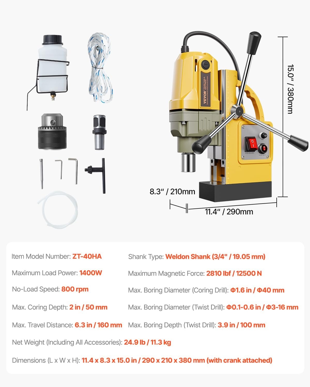 image:imageVEVOR Magnetic Drill 1100W 157 Boring Diameter 2697lbf12000N Portable Electric Mag Drill Press with 7 Bits 580 RPM Max Speed Drilling Machine for any Surface and Home ImprovementW 16 Yellow