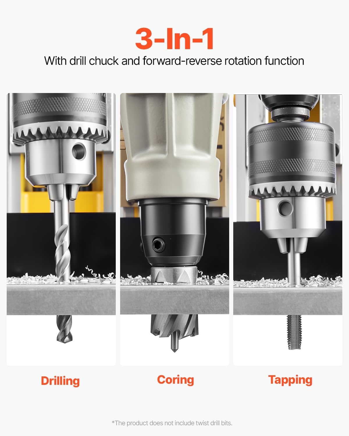 image:imageVEVOR Magnetic Drill 1100W 157 Boring Diameter 2697lbf12000N Portable Electric Mag Drill Press with 7 Bits 580 RPM Max Speed Drilling Machine for any Surface and Home ImprovementW 2 6pcs Yellow