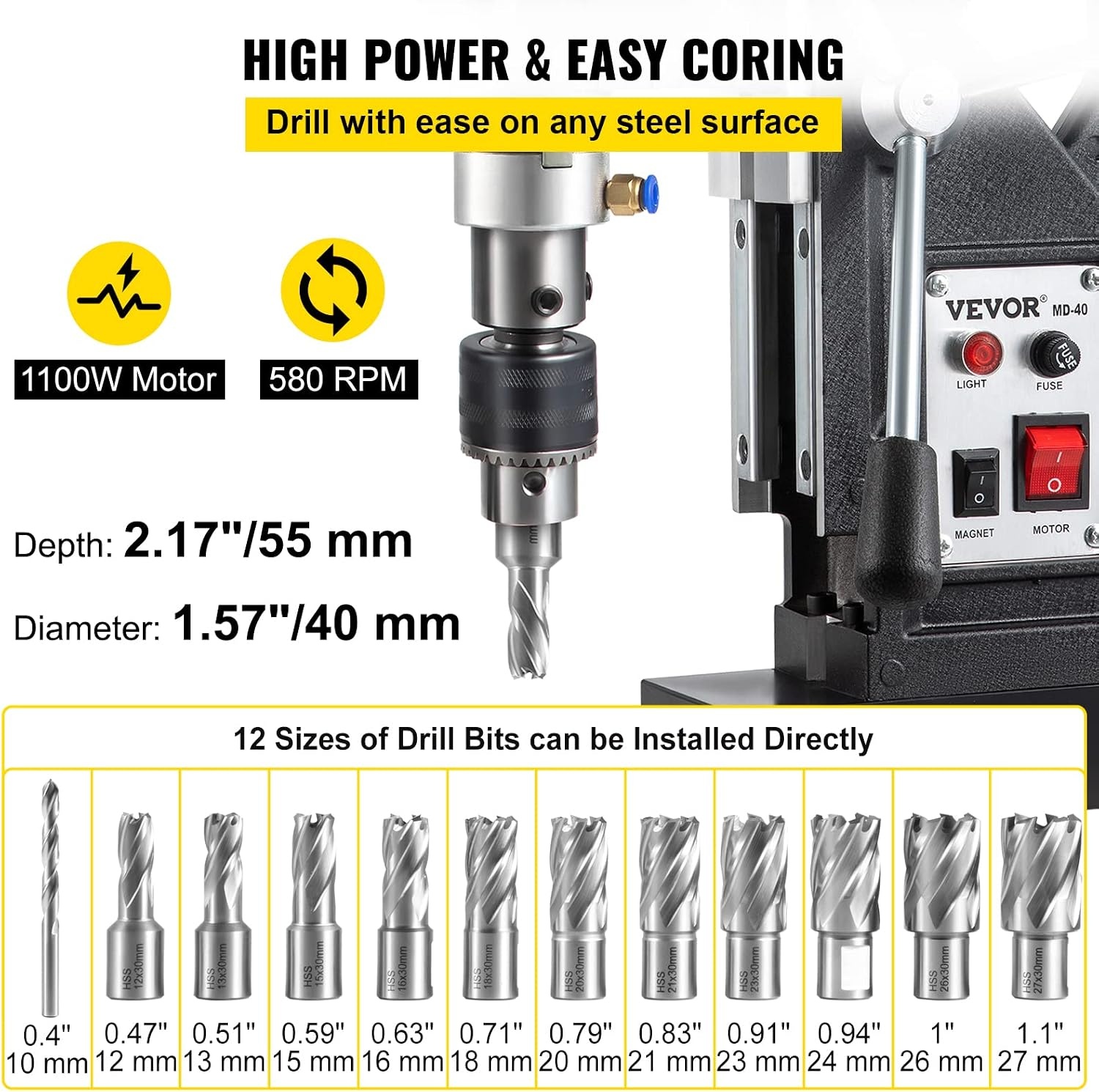 image:imageVEVOR Magnetic Drill 1100W 157 Boring Diameter 2697lbf12000N Portable Electric Mag Drill Press with 7 Bits 580 RPM Max Speed Drilling Machine for any Surface and Home Improvement12pcs