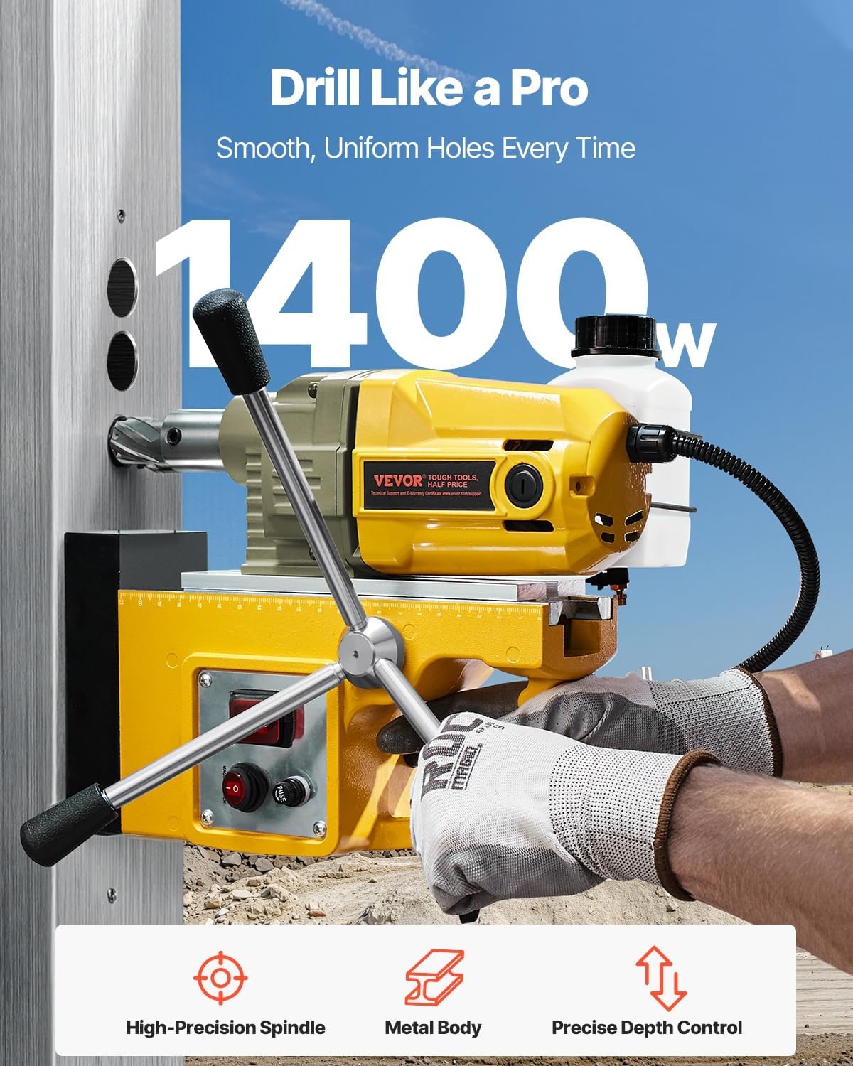 image:imageVEVOR Magnetic Drill 1100W 157 Boring Diameter 2697lbf12000N Portable Electric Mag Drill Press with 7 Bits 580 RPM Max Speed Drilling Machine for any Surface and Home ImprovementW 16 Yellow
