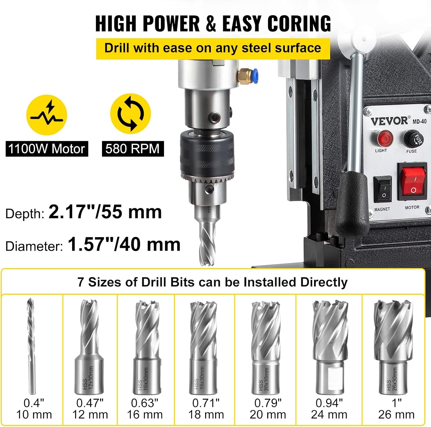 image:imageVEVOR Magnetic Drill 1100W 157 Boring Diameter 2697lbf12000N Portable Electric Mag Drill Press with 7 Bits 580 RPM Max Speed Drilling Machine for any Surface and Home Improvement7 pcs