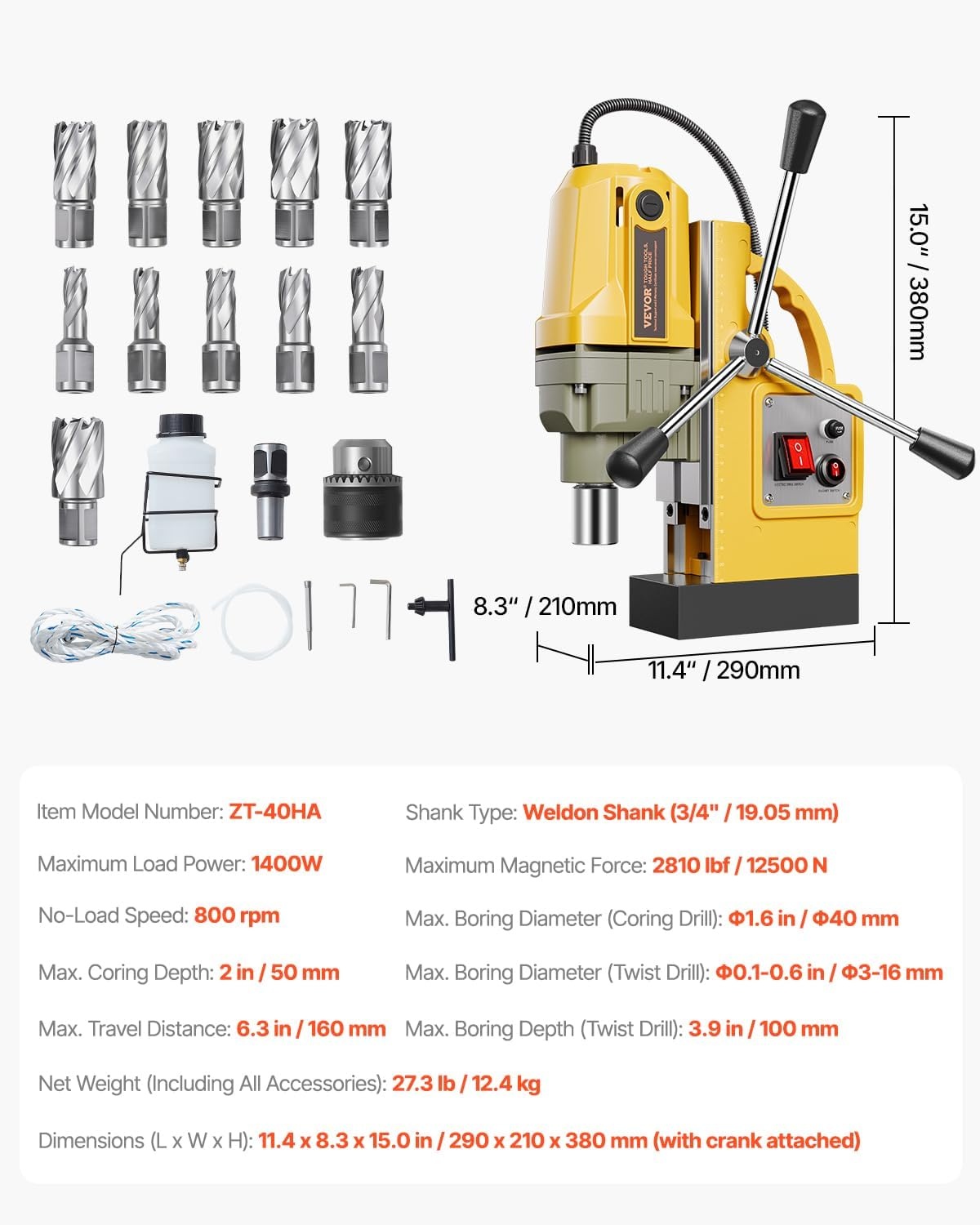 image:imageVEVOR Magnetic Drill 1100W 157 Boring Diameter 2697lbf12000N Portable Electric Mag Drill Press with 7 Bits 580 RPM Max Speed Drilling Machine for any Surface and Home ImprovementW 16 11pcs Yellow