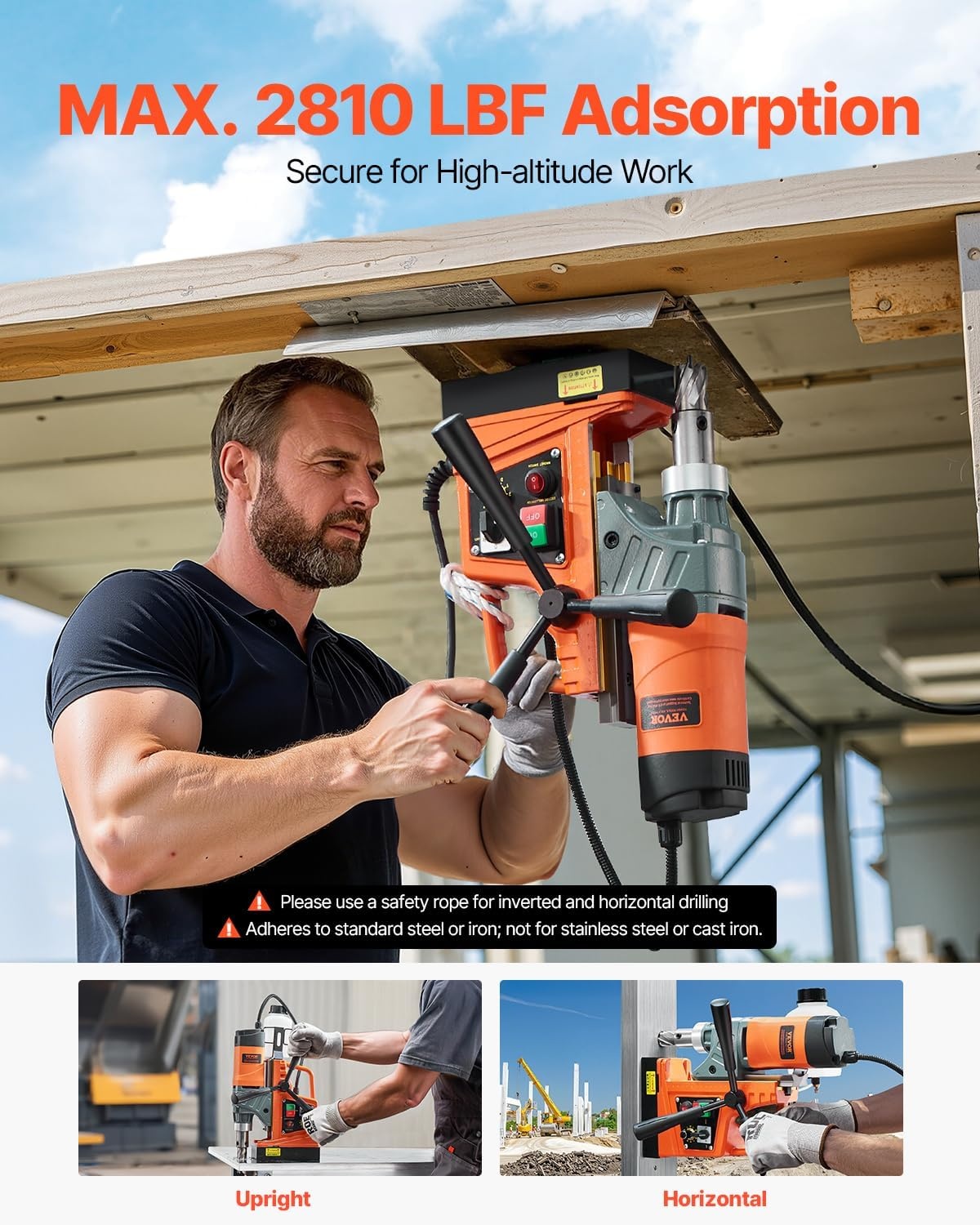 image:imageVEVOR Magnetic Drill Press 1400 W 2 in Boring Diameter 2810 lbf Power Portable Mag Drill Press 0800 RPM Adjustable Speed with Weldon Shank for Metal Surface Industrial and Home ImprovementW 16 in 2 pieces Tapping NEW