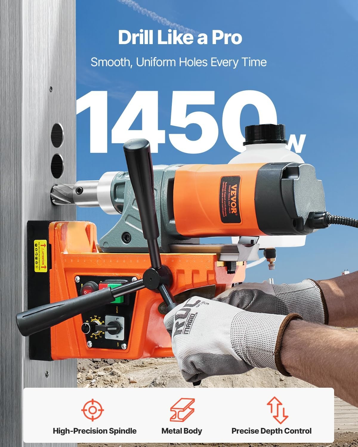 image:imageVEVOR Magnetic Drill Press 1400 W 2 in Boring Diameter 2810 lbf Power Portable Mag Drill Press 0800 RPM Adjustable Speed with Weldon Shank for Metal Surface Industrial and Home ImprovementW 16 in 2 pieces Tapping NEW