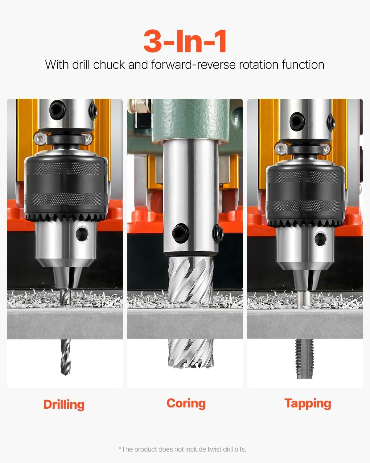 image:imageVEVOR Magnetic Drill Press 1400 W 2 in Boring Diameter 2810 lbf Power Portable Mag Drill Press 0800 RPM Adjustable Speed with Weldon Shank for Metal Surface Industrial and Home ImprovementW 2 in 6 pieces Tapping NEW