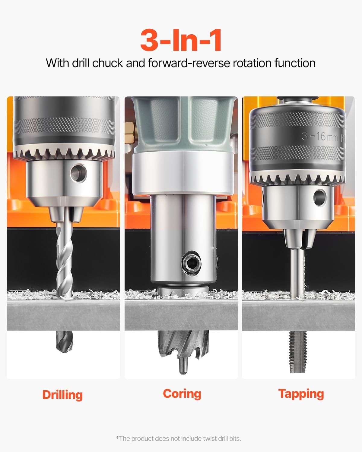 image:imageVEVOR Magnetic Drill Press 1400 W 2 in Boring Diameter 2810 lbf Power Portable Mag Drill Press 0800 RPM Adjustable Speed with Weldon Shank for Metal Surface Industrial and Home ImprovementW 16 in 2 pieces Tapping NEW