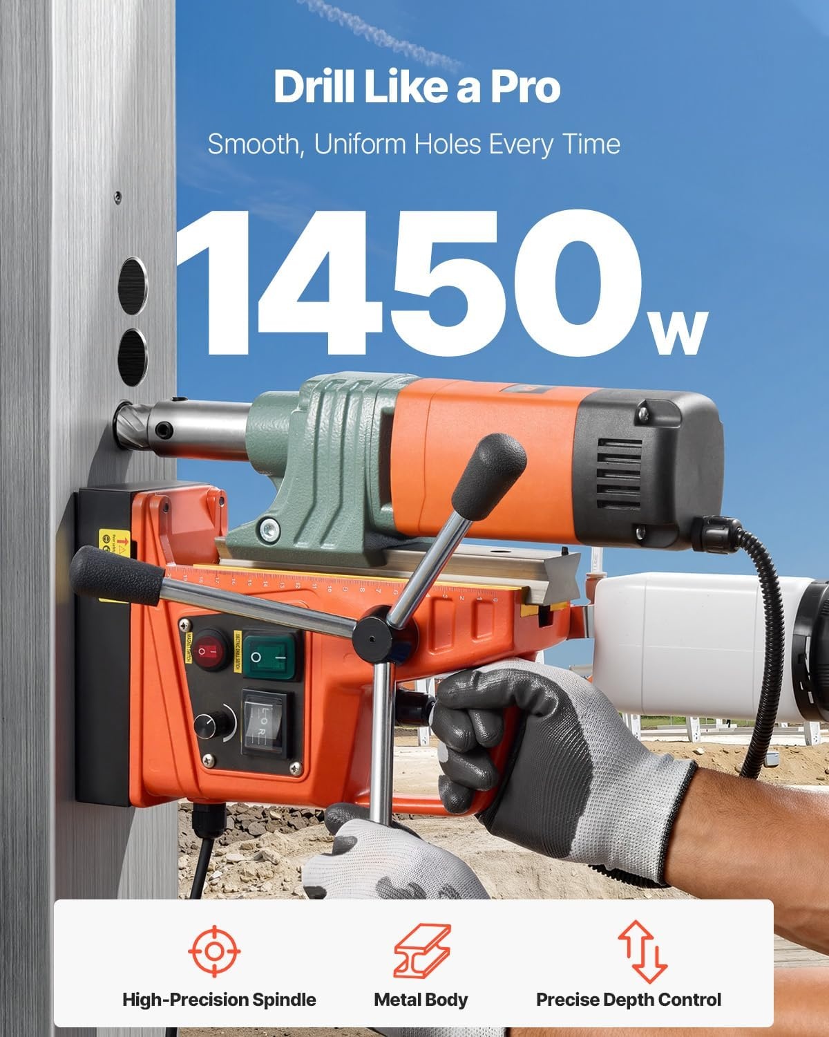 image:imageVEVOR Magnetic Drill Press 1400 W 2 in Boring Diameter 2810 lbf Power Portable Mag Drill Press 0800 RPM Adjustable Speed with Weldon Shank for Metal Surface Industrial and Home ImprovementW 2 in 6 pieces Tapping NEW