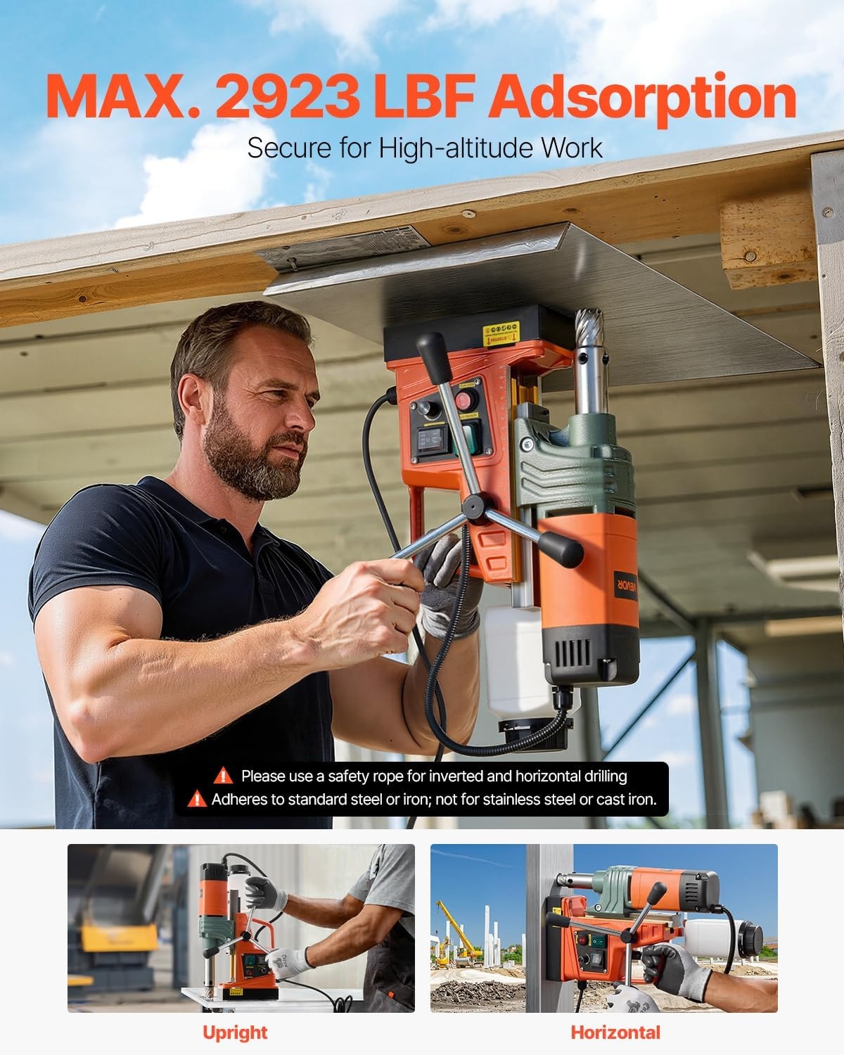 image:imageVEVOR Magnetic Drill Press 1400 W 2 in Boring Diameter 2810 lbf Power Portable Mag Drill Press 0800 RPM Adjustable Speed with Weldon Shank for Metal Surface Industrial and Home ImprovementW 2 in 6 pieces Tapping NEW