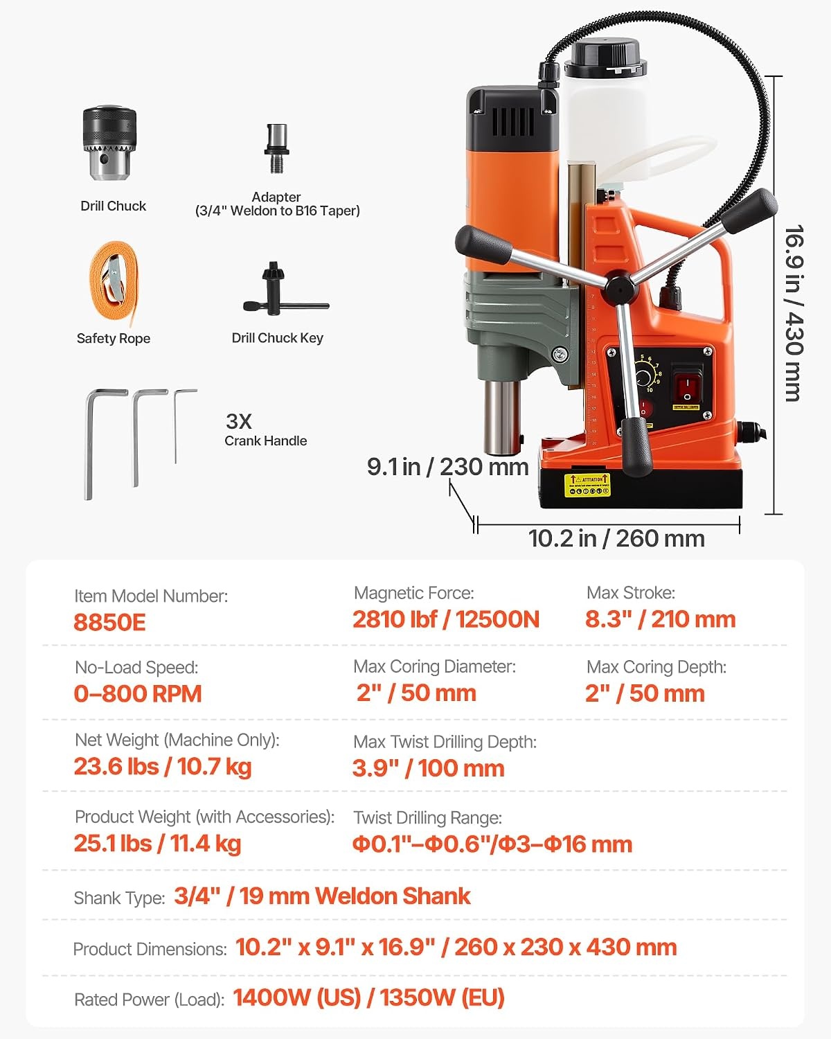 image:imageVEVOR Magnetic Drill Press 1400 W 2 in Boring Diameter 2810 lbf Power Portable Mag Drill Press 0800 RPM Adjustable Speed with Weldon Shank for Metal Surface Industrial and Home ImprovementW 2 in NEW