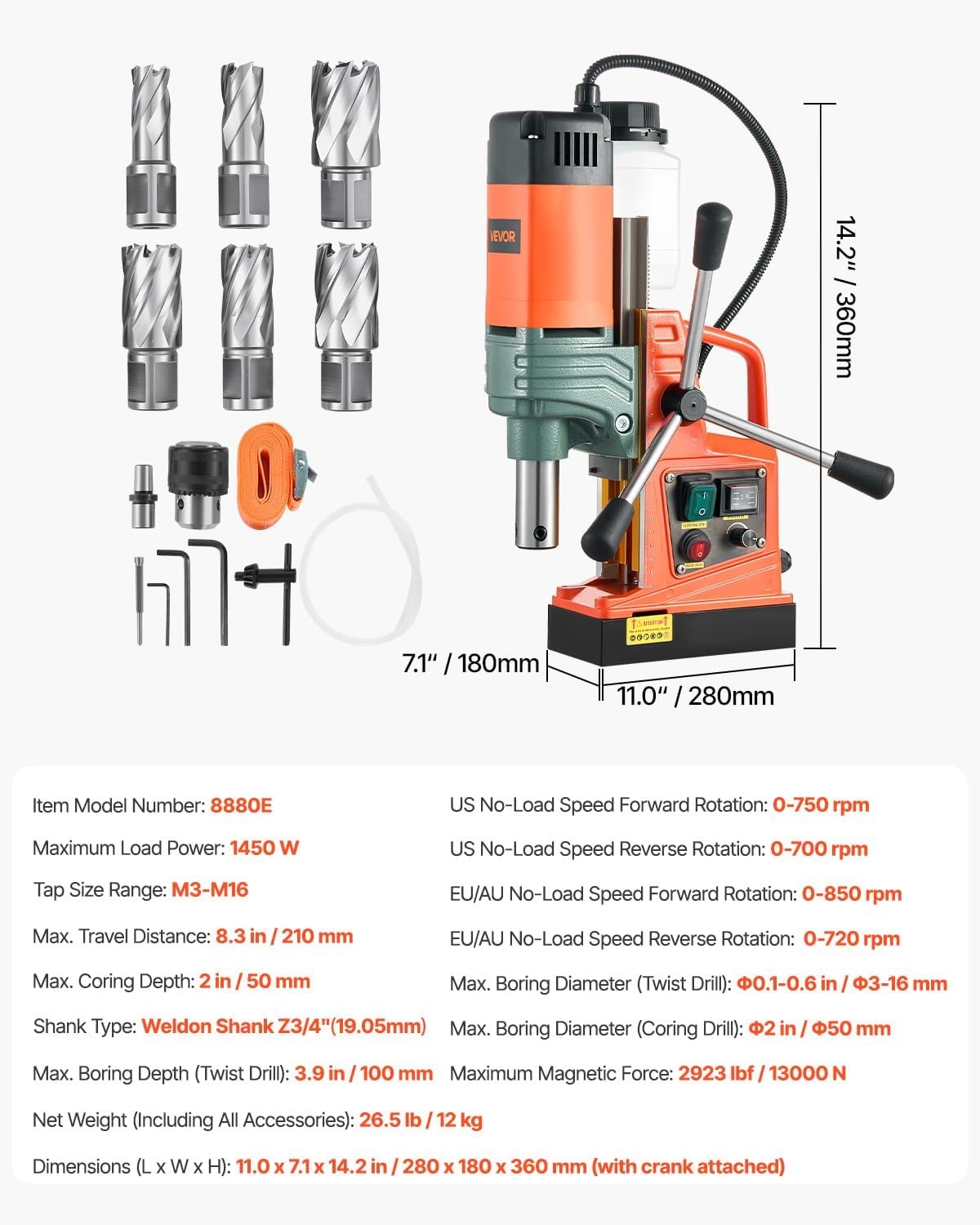 image:imageVEVOR Magnetic Drill Press 1400 W 2 in Boring Diameter 2810 lbf Power Portable Mag Drill Press 0800 RPM Adjustable Speed with Weldon Shank for Metal Surface Industrial and Home ImprovementW 2 in 6 pieces Tapping NEW