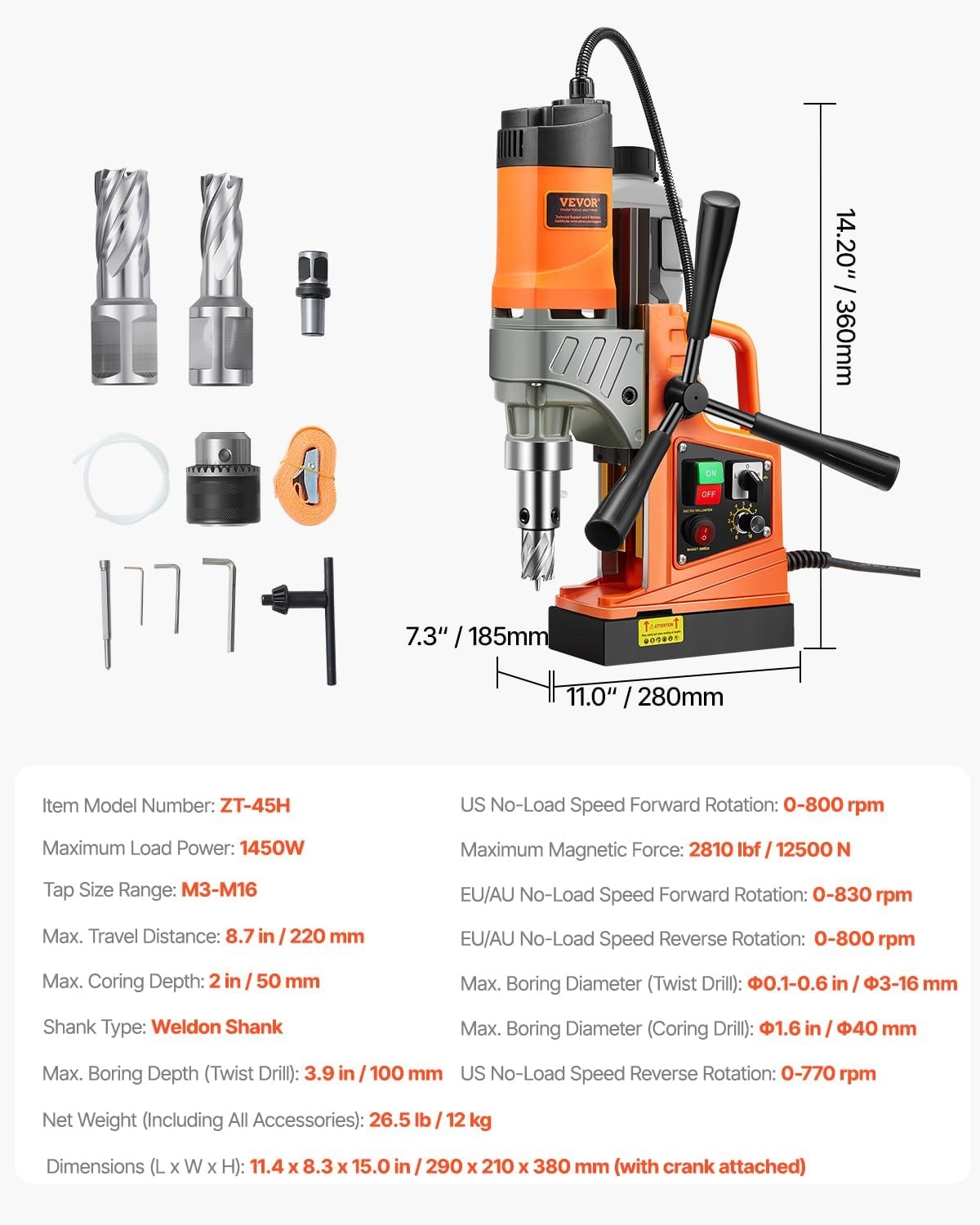 image:imageVEVOR Magnetic Drill Press 1400 W 2 in Boring Diameter 2810 lbf Power Portable Mag Drill Press 0800 RPM Adjustable Speed with Weldon Shank for Metal Surface Industrial and Home ImprovementW 16 in 2 pieces Tapping NEW