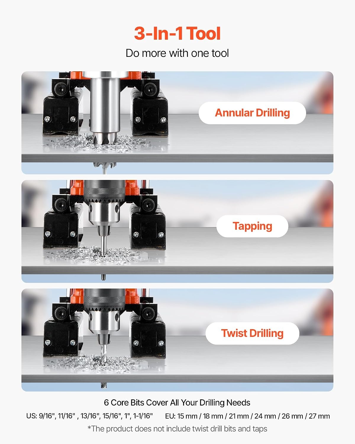 image:imageVEVOR Magnetic Drill Press 1400 W 2 inch Boring Diameter 0750 RPM Speed Reversible Direction Mag Drill Press with 6 Core Bits Electric Drilling Machine for Industrial and Home ImprovementTube Drill 26Pcs