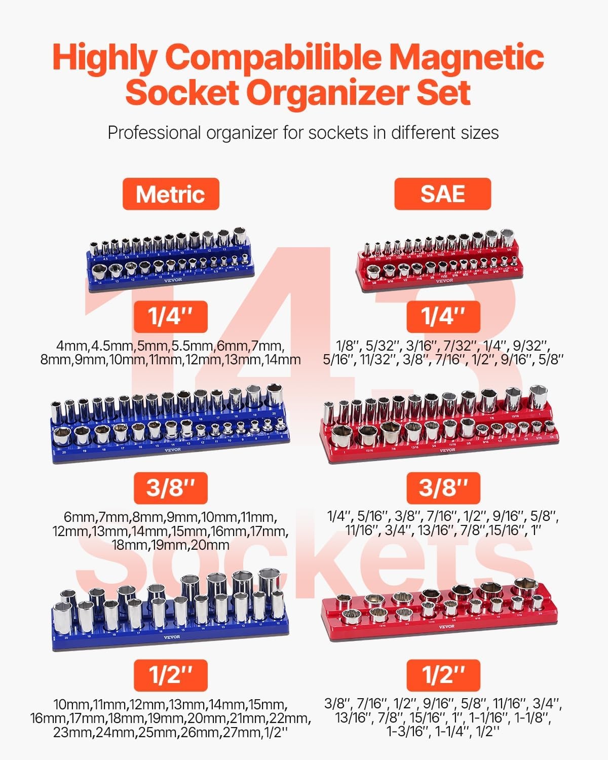 image:imageVEVOR Magnetic Socket Organizer Set 8PCS Socket Holder 14 38 amp 12 Metric SAE Socket Trays with Clear Labels Hold up to 199PCS Standard amp Deep Sockets Blaue amp Red Sockets Not IncludedBlue Red