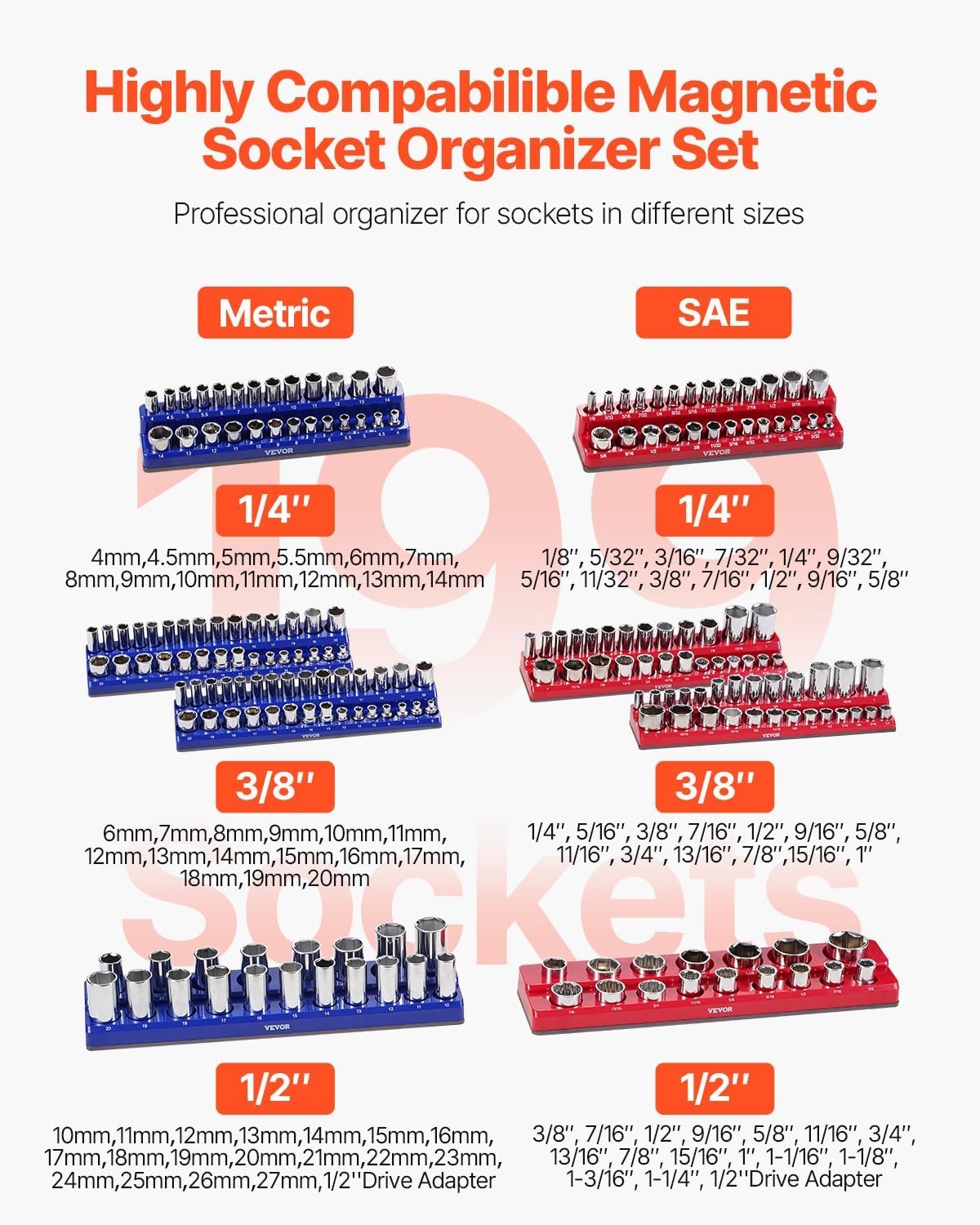 image:imageVEVOR Magnetic Socket Organizer Set 8PCS Socket Holder 14 38 amp 12 Metric SAE Socket Trays with Clear Labels Hold up to 199PCS Standard amp Deep Sockets Blaue amp Red Sockets Not IncludedBlue Red