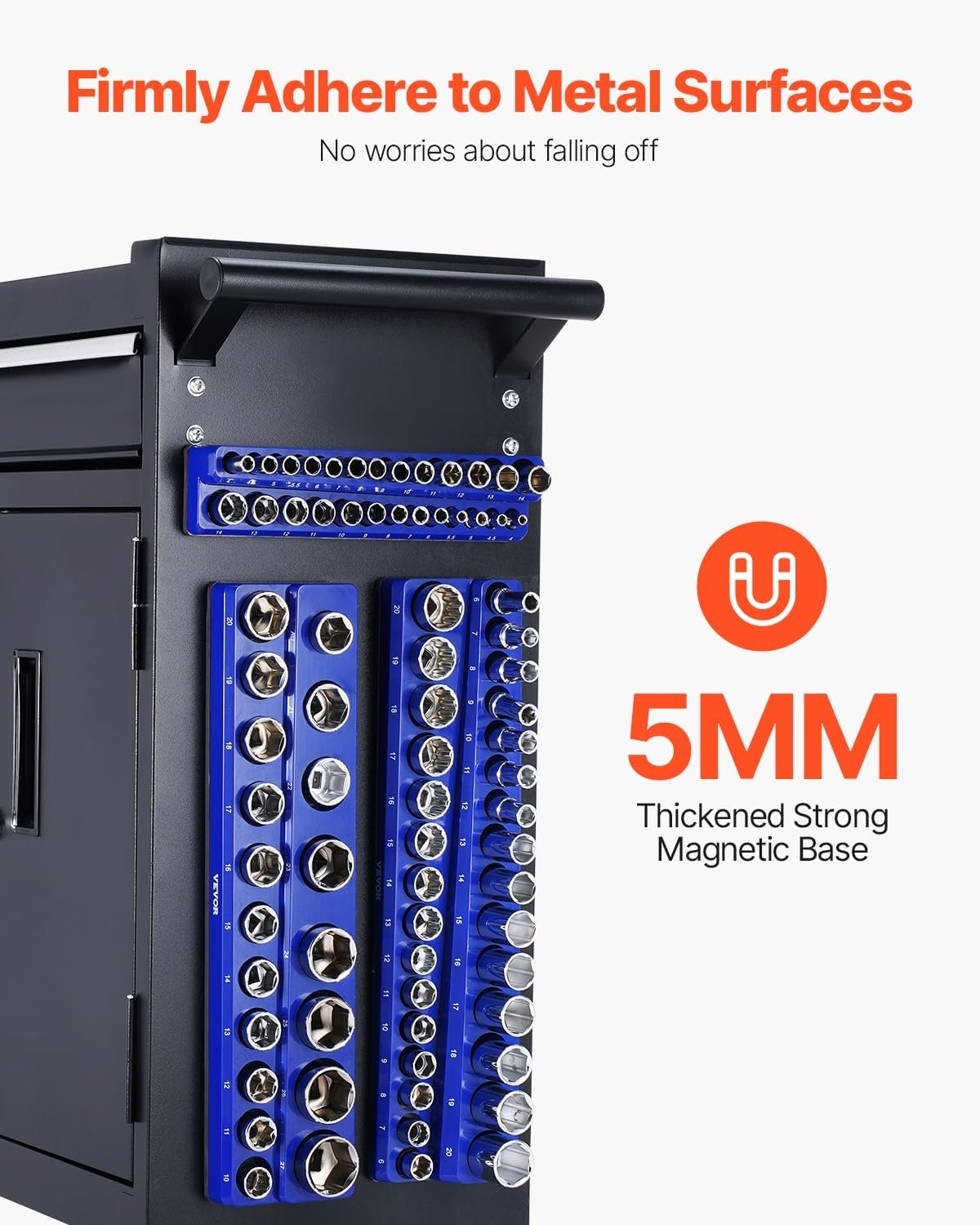 image:imageVEVOR Magnetic Socket Organizer Set 8PCS Socket Holder 14 38 amp 12 Metric SAE Socket Trays with Clear Labels Hold up to 199PCS Standard amp Deep Sockets Blaue amp Red Sockets Not IncludedBlue Red