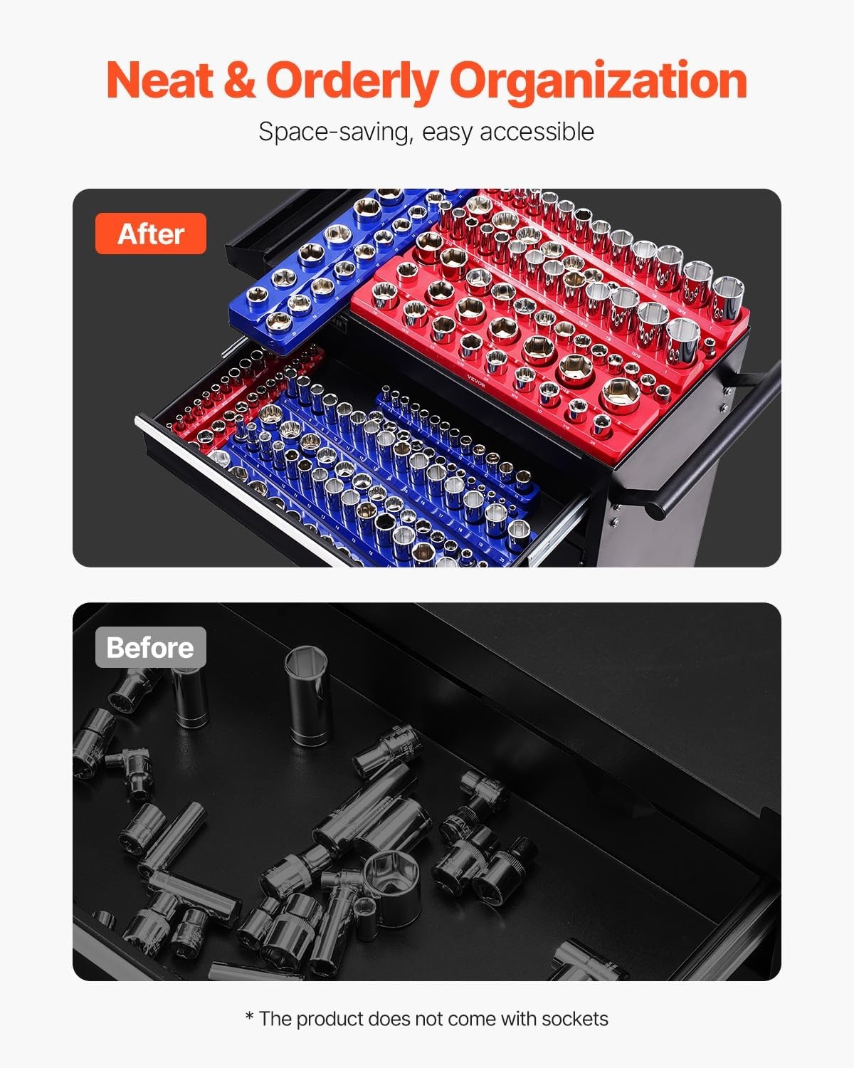 image:imageVEVOR Magnetic Socket Organizer Set 8PCS Socket Holder 14 38 amp 12 Metric SAE Socket Trays with Clear Labels Hold up to 199PCS Standard amp Deep Sockets Blaue amp Red Sockets Not IncludedBlue Red