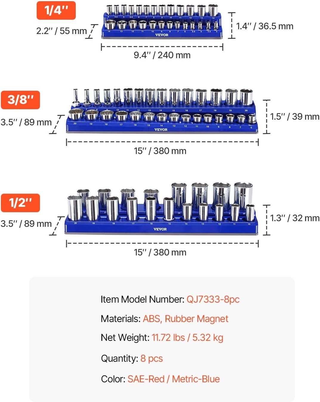 image:imageVEVOR Magnetic Socket Organizer Set 8PCS Socket Holder 14 38 amp 12 Metric SAE Socket Trays with Clear Labels Hold up to 199PCS Standard amp Deep Sockets Blaue amp Red Sockets Not IncludedBlue Red