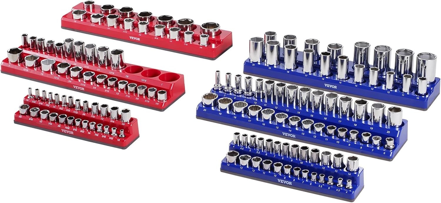 image:imageVEVOR Magnetic Socket Organizer Set 8PCS Socket Holder 14 38 amp 12 Metric SAE Socket Trays with Clear Labels Hold up to 199PCS Standard amp Deep Sockets Blaue amp Red Sockets Not IncludedBlue Red