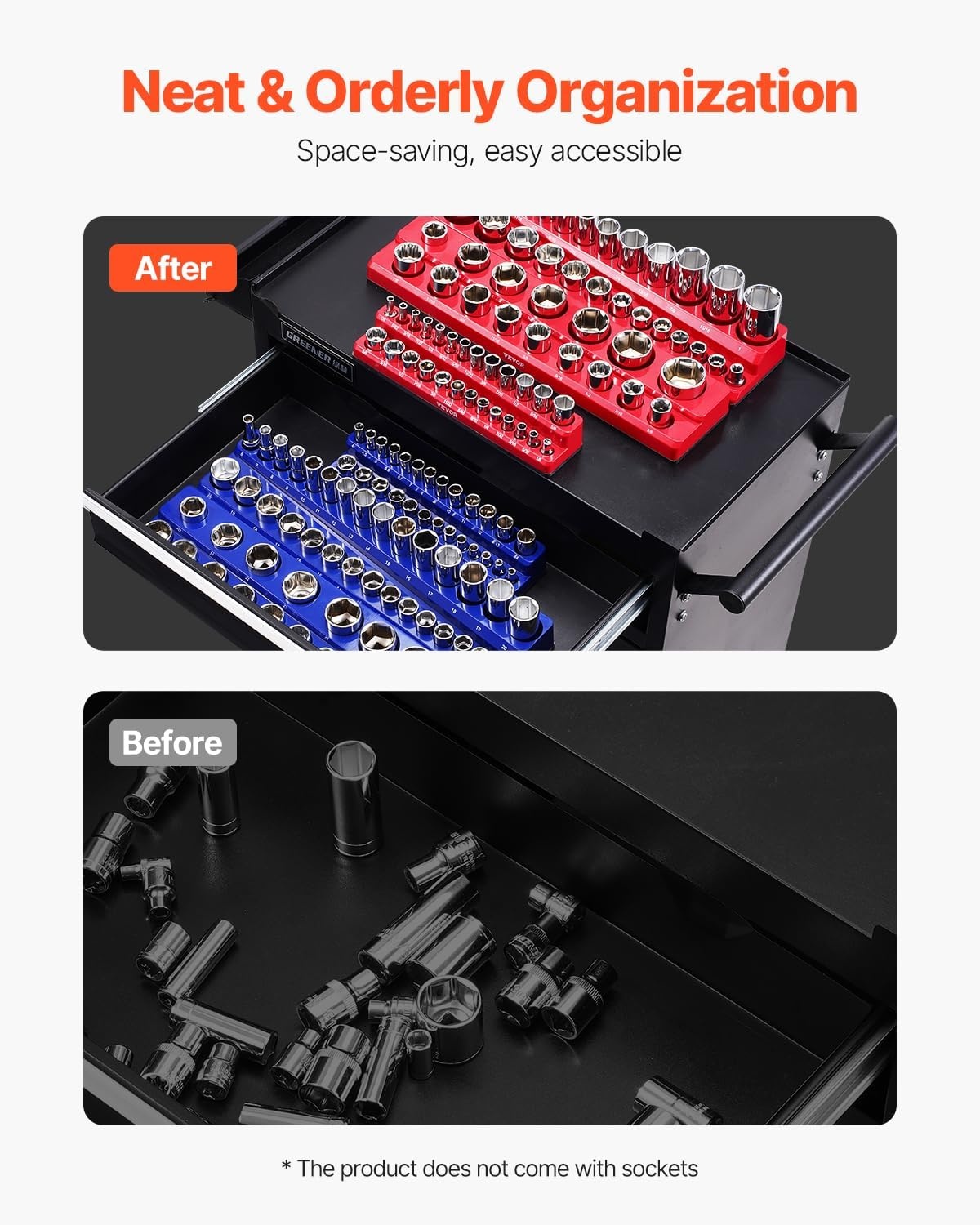 image:imageVEVOR Magnetic Socket Organizer Set 8PCS Socket Holder 14 38 amp 12 Metric SAE Socket Trays with Clear Labels Hold up to 199PCS Standard amp Deep Sockets Blaue amp Red Sockets Not IncludedBlue Red