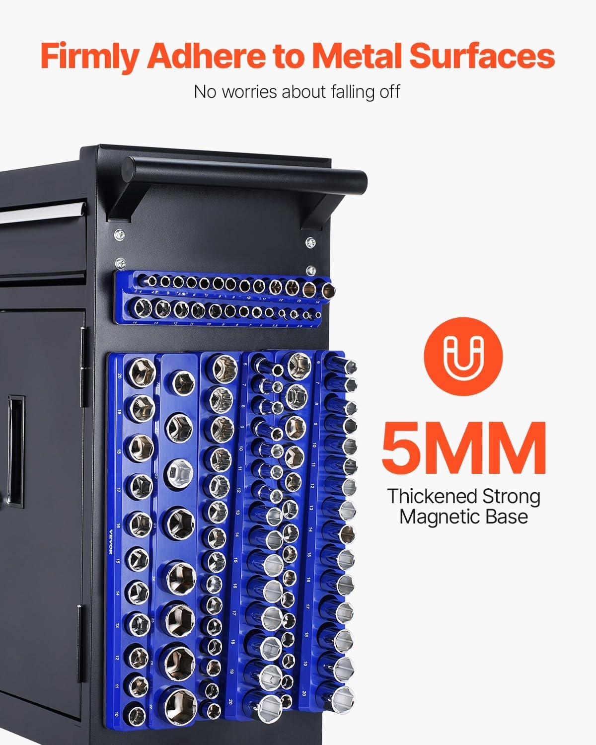 image:imageVEVOR Magnetic Socket Organizer Set 8PCS Socket Holder 14 38 amp 12 Metric SAE Socket Trays with Clear Labels Hold up to 199PCS Standard amp Deep Sockets Blaue amp Red Sockets Not IncludedBlue Red