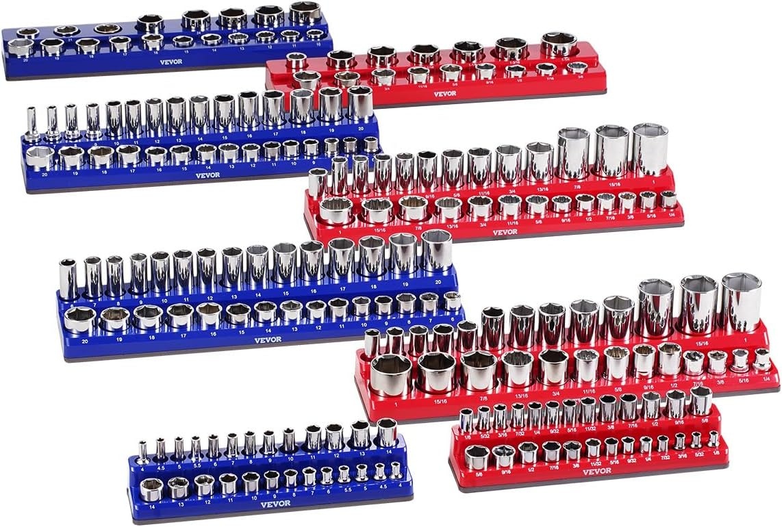 image:imageVEVOR Magnetic Socket Organizer Set 8PCS Socket Holder 14 38 amp 12 Metric SAE Socket Trays with Clear Labels Hold up to 199PCS Standard amp Deep Sockets Blaue amp Red Sockets Not IncludedBlue Red