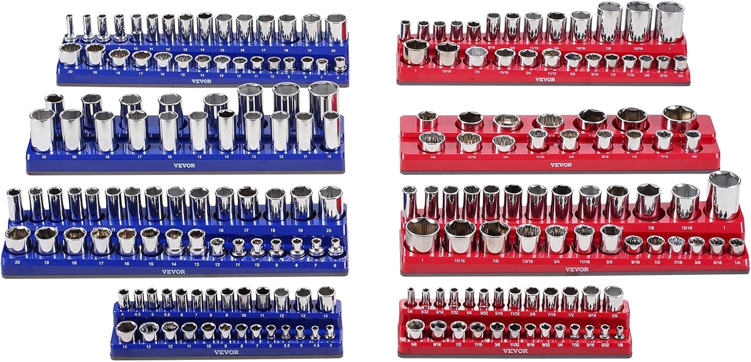 image:imageVEVOR Magnetic Socket Organizer Set 8PCS Socket Holder 14 38 amp 12 Metric SAE Socket Trays with Clear Labels Hold up to 199PCS Standard amp Deep Sockets Blaue amp Red Sockets Not IncludedBlue Red