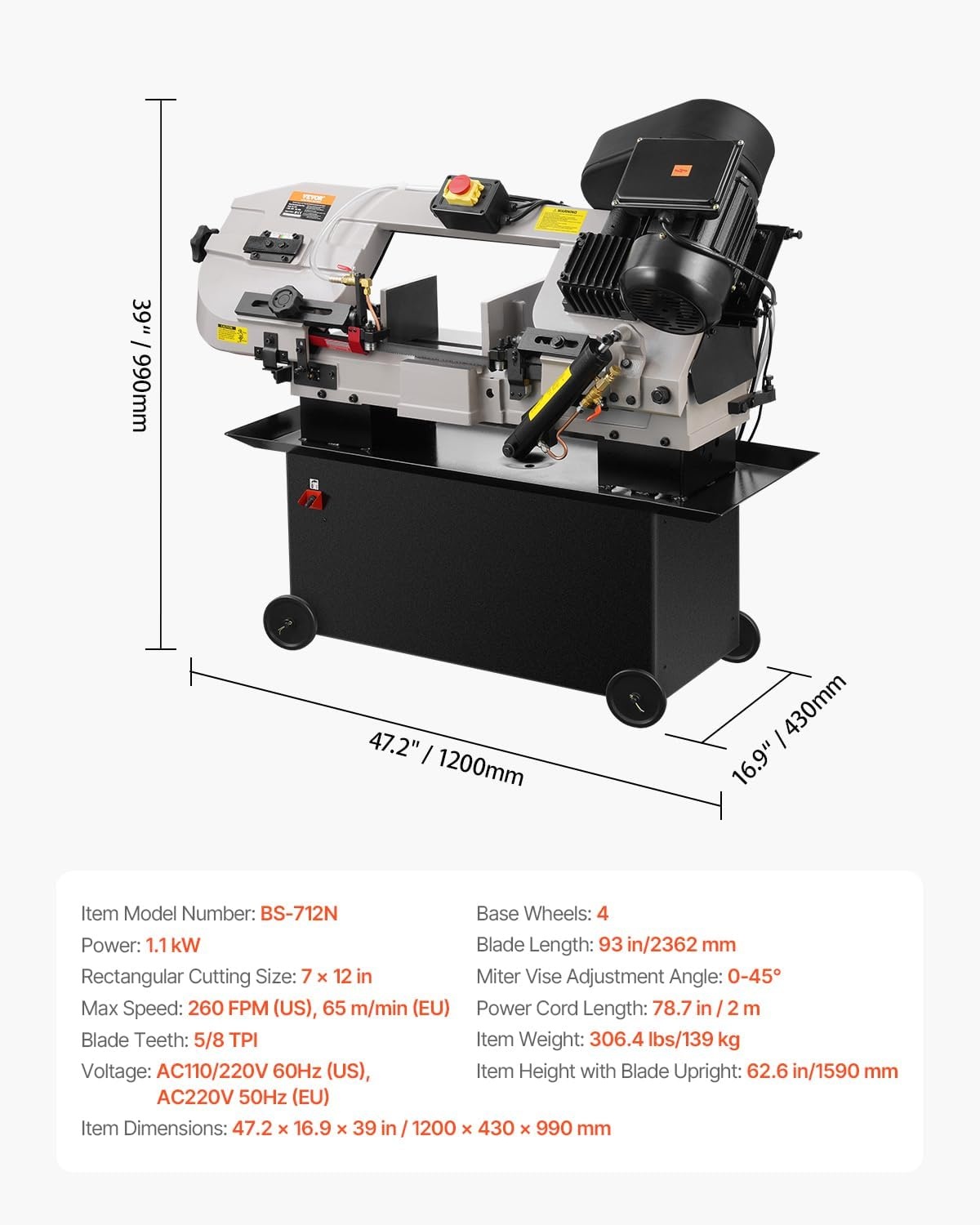 image:imageVEVOR Metal Horizontal Band Saw 7 x 12 in Rectangular Cutting Capacity 110220V Vertical Cutting Bandsaw with 11 kW Motor 045 Angle Adjustment Variable Speed for Metal Wood and PlasticFixed Base