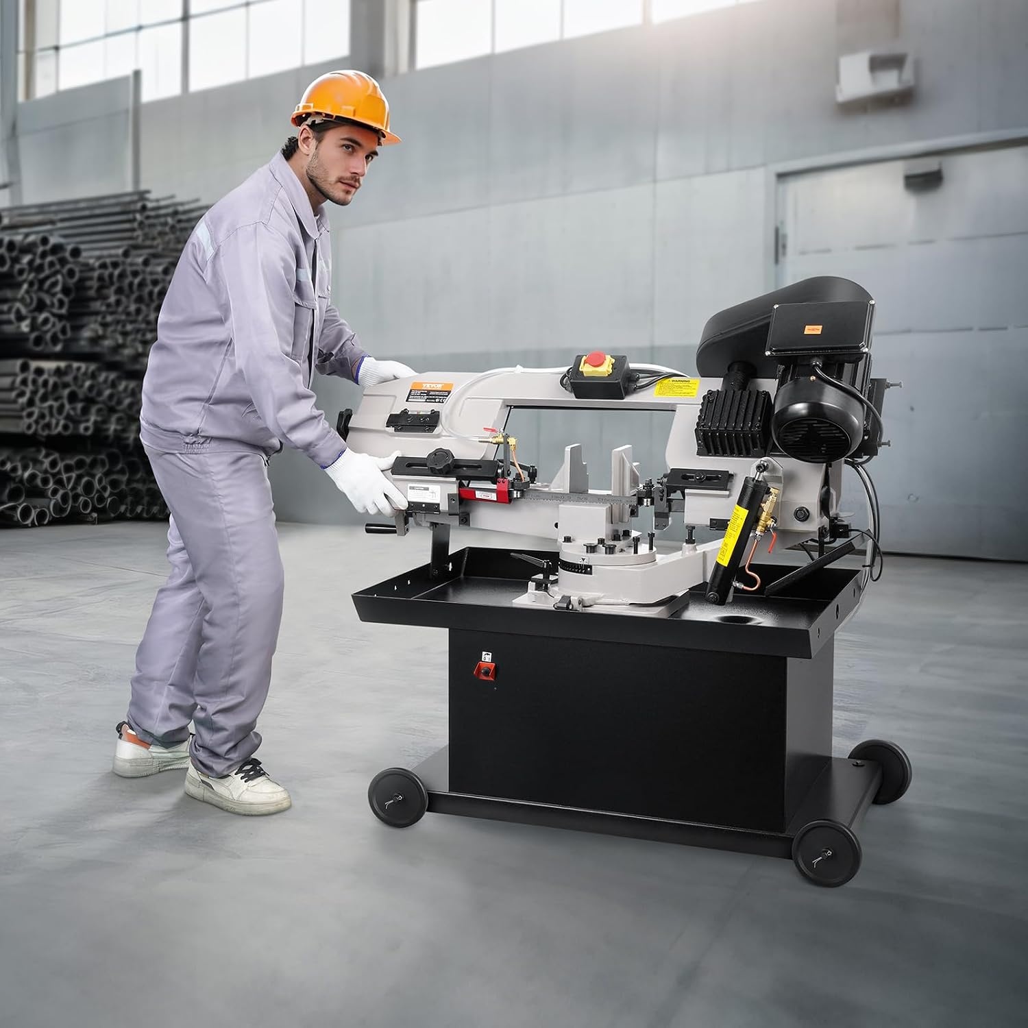 image:imageVEVOR Metal Horizontal Band Saw 7 x 825 in Rectangular Cutting Capacity 110220V Vertical Cutting Bandsaw with 11 kW Motor 045 Angle Adjustment Variable Speed for Metal Wood and PlasticRotating base