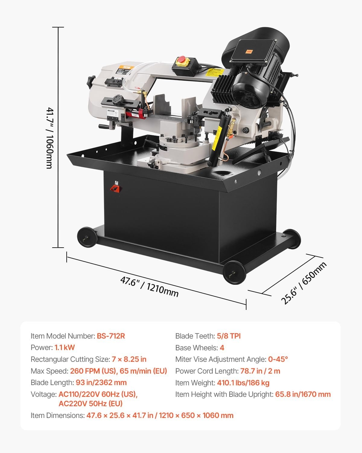 image:imageVEVOR Metal Horizontal Band Saw 7 x 825 in Rectangular Cutting Capacity 110220V Vertical Cutting Bandsaw with 11 kW Motor 045 Angle Adjustment Variable Speed for Metal Wood and PlasticRotating base
