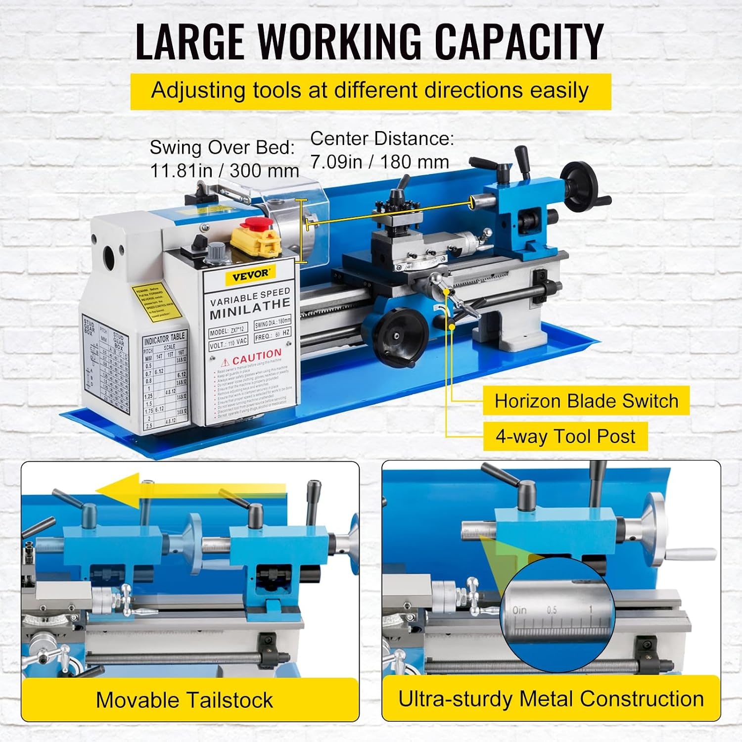 image:imageVEVOR Metal Lathe 7x12 Precision Bench Top Mini Metal Lathe 550W Variable Speed 502500 RPM Nylon Gear Movable Lamp for Precision Parts Processing712 in