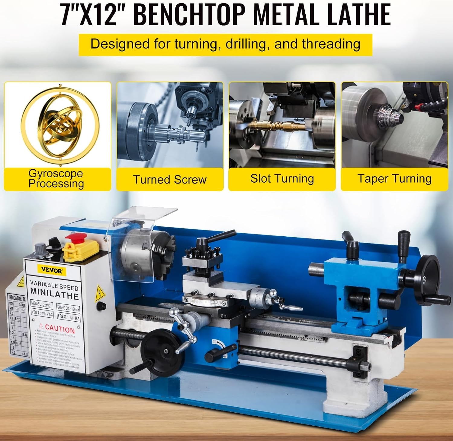 image:imageVEVOR Metal Lathe 7x12 Precision Bench Top Mini Metal Lathe 550W Variable Speed 502500 RPM Nylon Gear Movable Lamp for Precision Parts Processing712 in