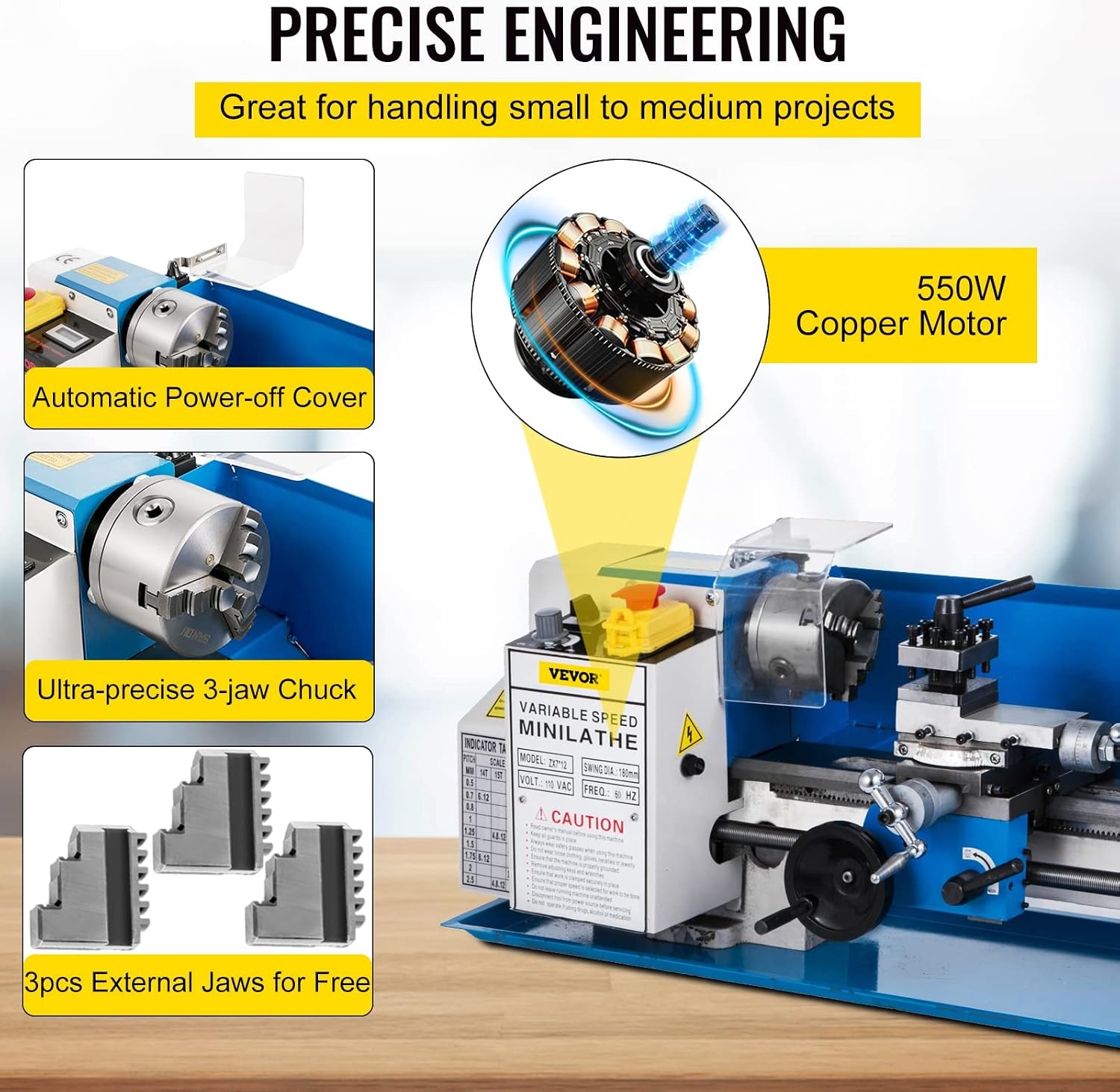 image:imageVEVOR Metal Lathe 7x12 Precision Bench Top Mini Metal Lathe 550W Variable Speed 502500 RPM Nylon Gear Movable Lamp for Precision Parts Processing712 in