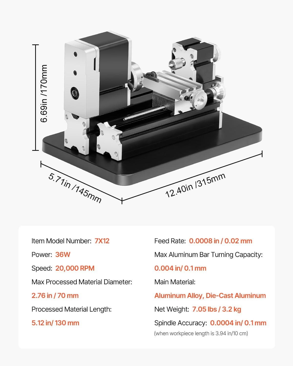 image:imageVEVOR Metal Lathe 7x12 Precision Bench Top Mini Metal Lathe 550W Variable Speed 502500 RPM Nylon Gear Movable Lamp for Precision Parts ProcessingMini36W