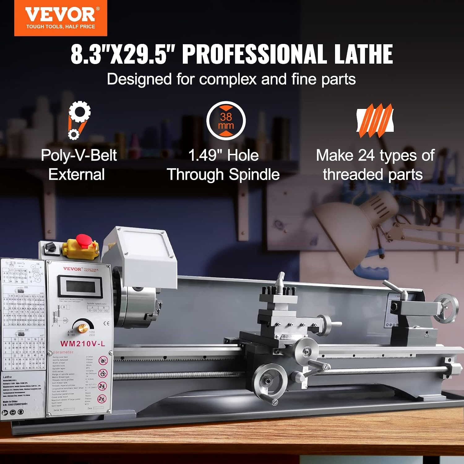 image:imageVEVOR Metal Lathe 83 x 295 Benchtop Metal Lathe 02500 RPM Continuously Variable Speed 750W Brushless Motor Metal Gears with LCD Display Metal Lathe Machine83 295