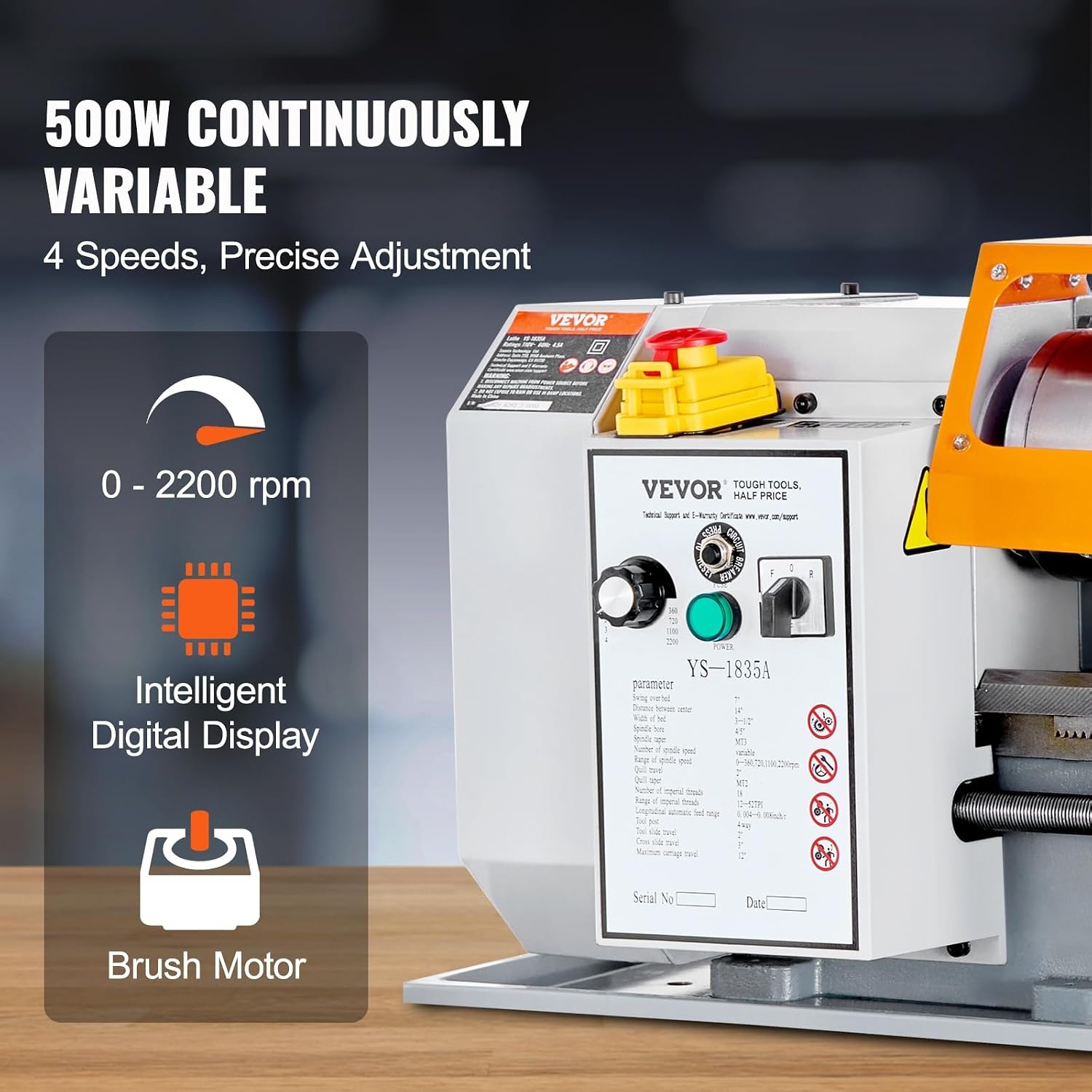 image:imageVEVOR Metal Lathe 83 x 295 Benchtop Metal Lathe 02500 RPM Continuously Variable Speed 750W Brushless Motor Metal Gears with LCD Display Metal Lathe Machine7 1378