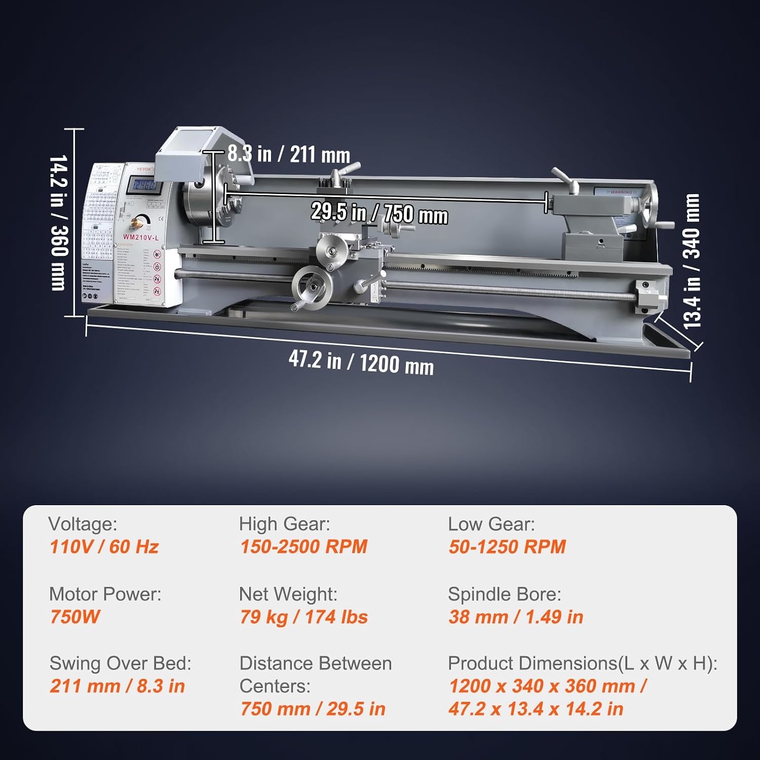 image:imageVEVOR Metal Lathe 83 x 295 Benchtop Metal Lathe 02500 RPM Continuously Variable Speed 750W Brushless Motor Metal Gears with LCD Display Metal Lathe Machine83 295