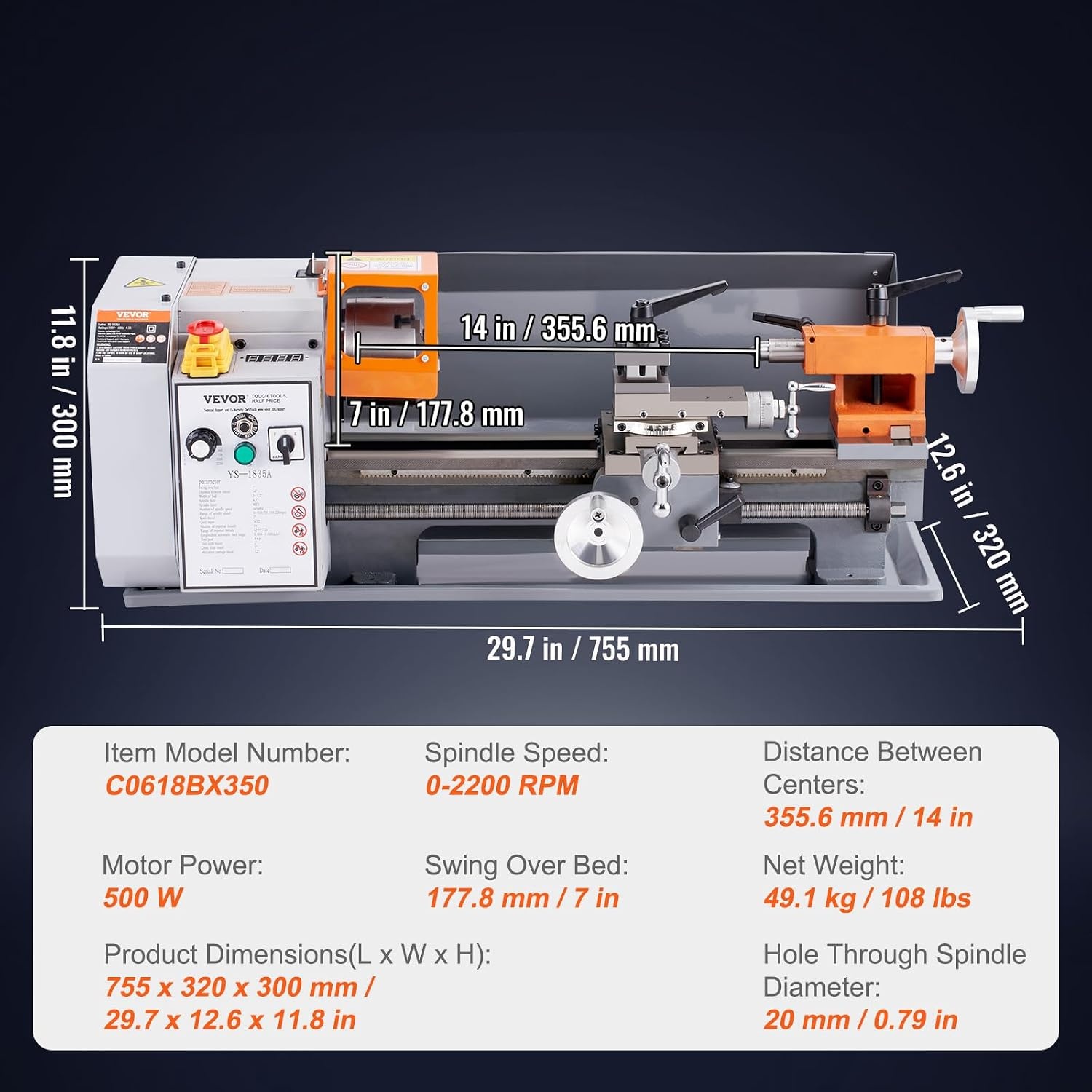 image:imageVEVOR Metal Lathe 83 x 295 Benchtop Metal Lathe 02500 RPM Continuously Variable Speed 750W Brushless Motor Metal Gears with LCD Display Metal Lathe Machine7 1378