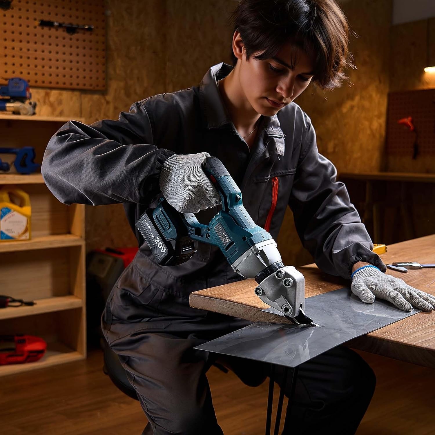image:imageVEVOR Metal Shear Cordless Sheet Metal Cutter with 360Degree Pivoting Head Double Blades 110VAC 20VDC Cuts 18 GA Galvanized Steel 20 GA Stainless Steel Aluminum Plastic Cardboard 2800SPMCordless Sheet Metal Shear with Battery