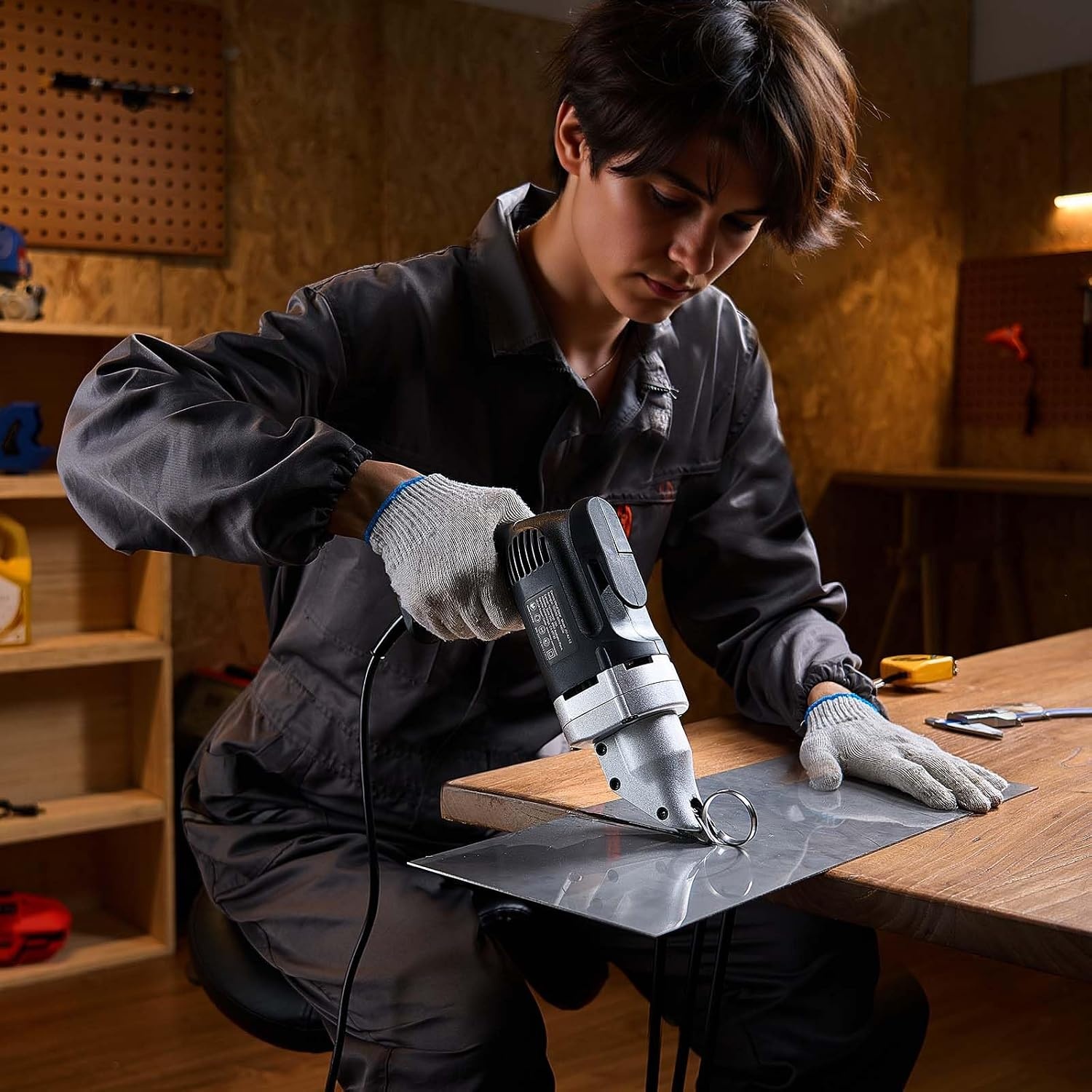 image:imageVEVOR Metal Shear Cordless Sheet Metal Cutter with 360Degree Pivoting Head Double Blades 110VAC 20VDC Cuts 18 GA Galvanized Steel 20 GA Stainless Steel Aluminum Plastic Cardboard 2800SPMCorded Sheet Metal Shear