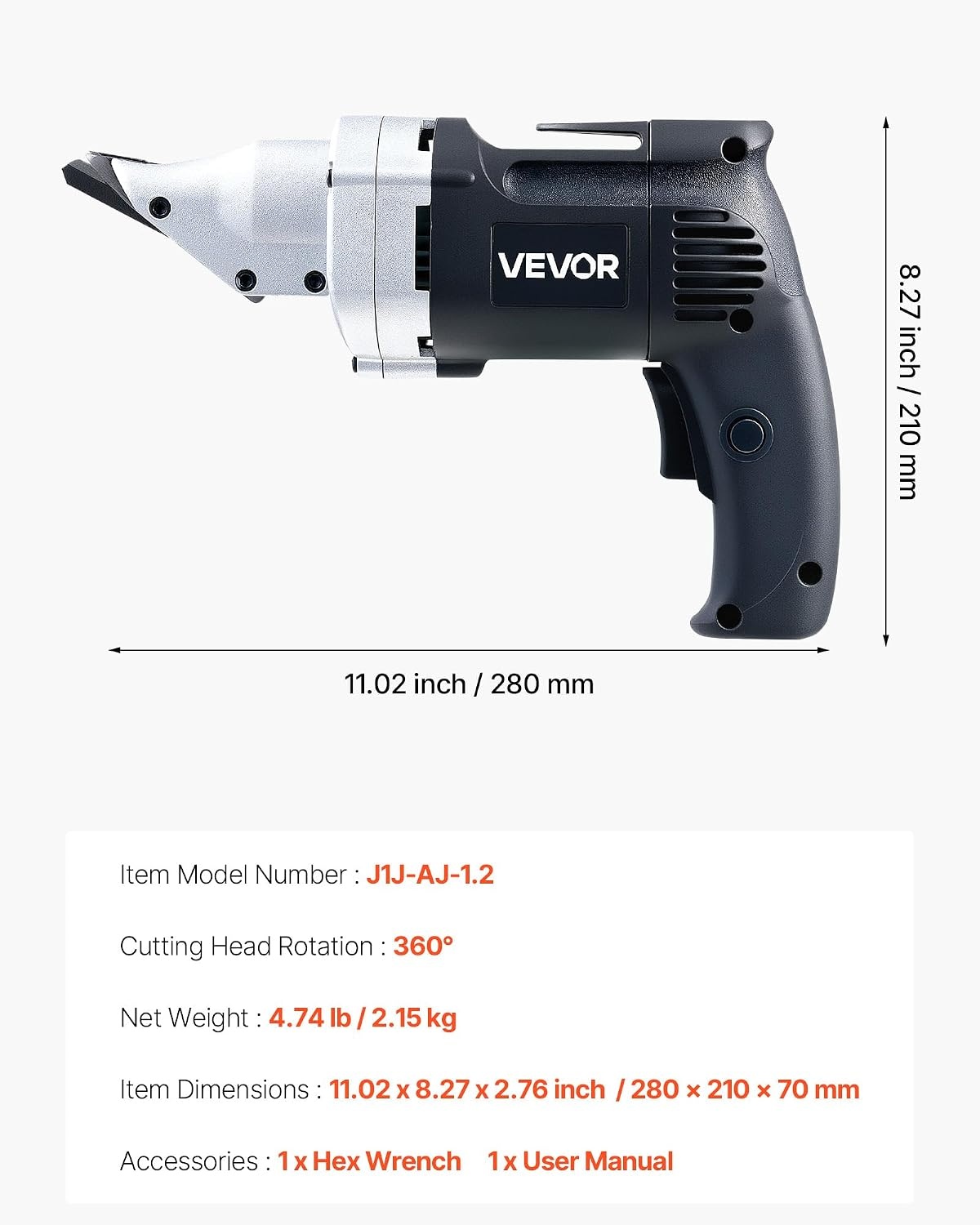 image:imageVEVOR Metal Shear Cordless Sheet Metal Cutter with 360Degree Pivoting Head Double Blades 110VAC 20VDC Cuts 18 GA Galvanized Steel 20 GA Stainless Steel Aluminum Plastic Cardboard 2800SPMCorded Sheet Metal Shear