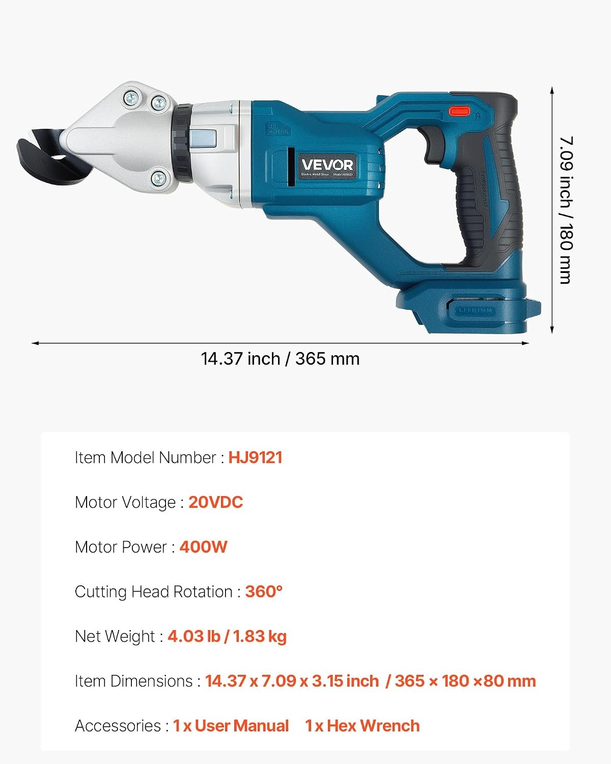 image:imageVEVOR Metal Shear Cordless Sheet Metal Cutter with 360Degree Pivoting Head Double Blades 110VAC 20VDC Cuts 18 GA Galvanized Steel 20 GA Stainless Steel Aluminum Plastic Cardboard 2800SPMCordless Sheet Metal Shear