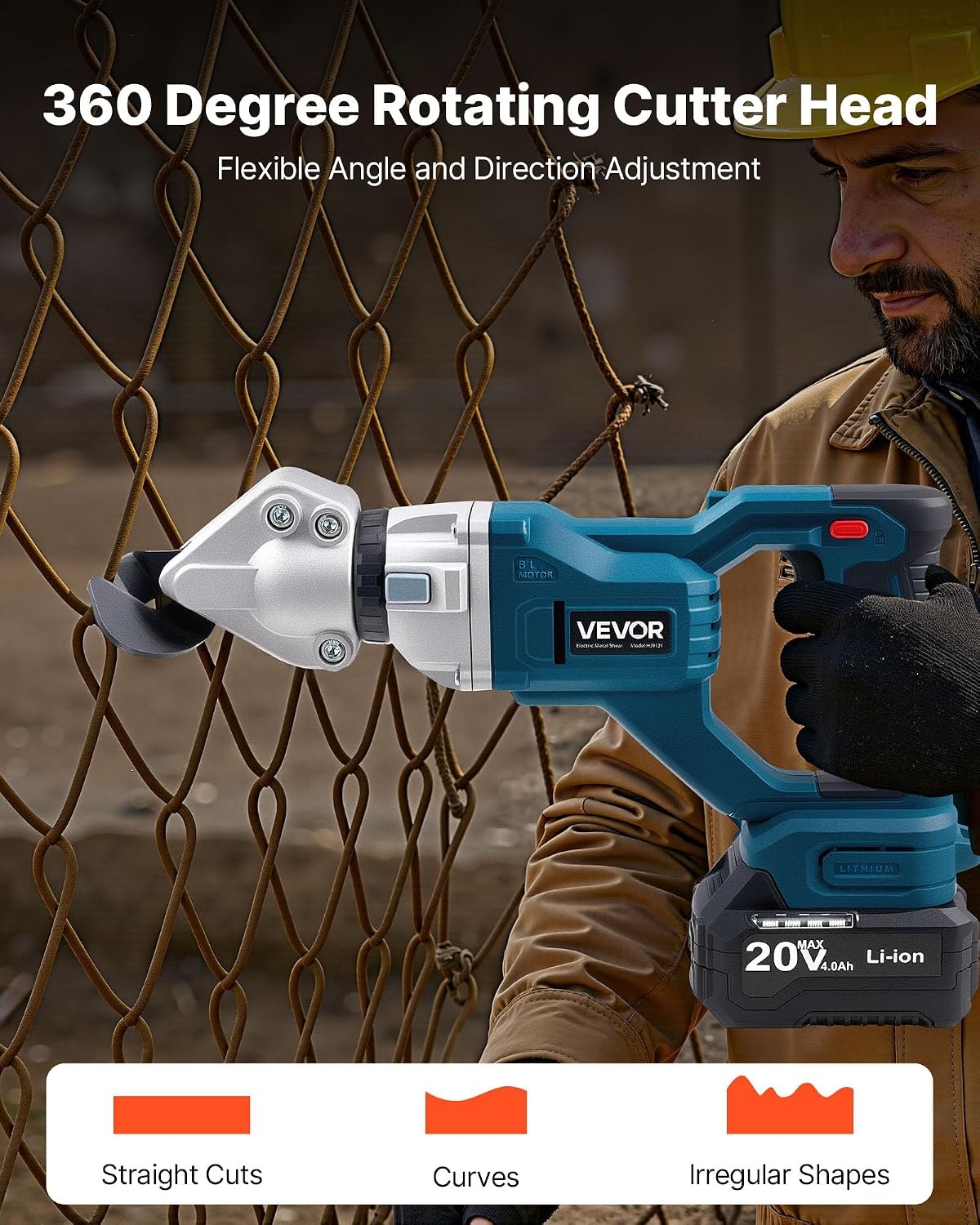 image:imageVEVOR Metal Shear Cordless Sheet Metal Cutter with 360Degree Pivoting Head Double Blades 110VAC 20VDC Cuts 18 GA Galvanized Steel 20 GA Stainless Steel Aluminum Plastic Cardboard 2800SPMCordless Sheet Metal Shear with Battery