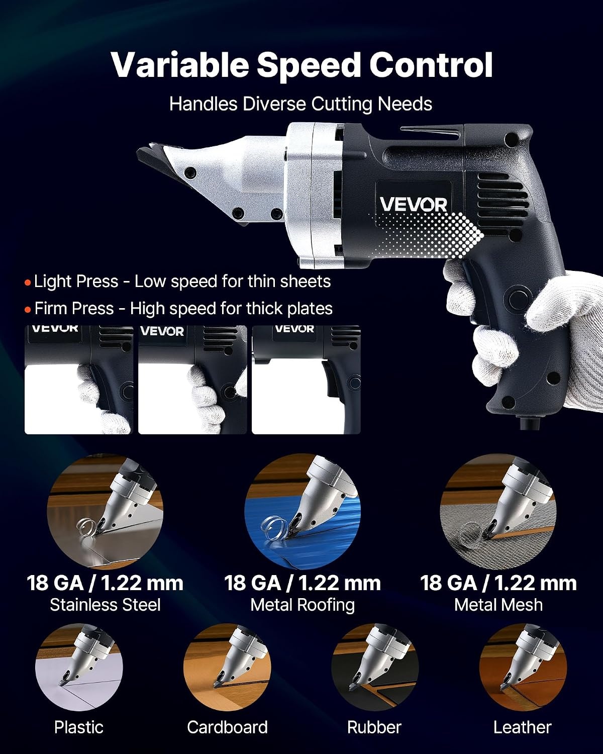 image:imageVEVOR Metal Shear Cordless Sheet Metal Cutter with 360Degree Pivoting Head Double Blades 110VAC 20VDC Cuts 18 GA Galvanized Steel 20 GA Stainless Steel Aluminum Plastic Cardboard 2800SPMCorded Sheet Metal Shear