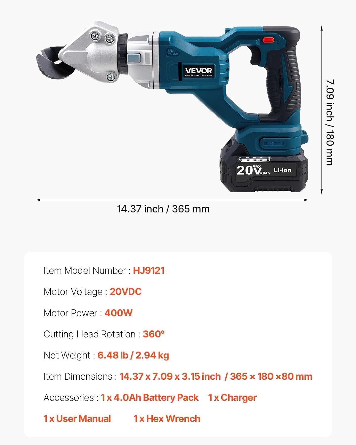 image:imageVEVOR Metal Shear Cordless Sheet Metal Cutter with 360Degree Pivoting Head Double Blades 110VAC 20VDC Cuts 18 GA Galvanized Steel 20 GA Stainless Steel Aluminum Plastic Cardboard 2800SPMCordless Sheet Metal Shear with Battery